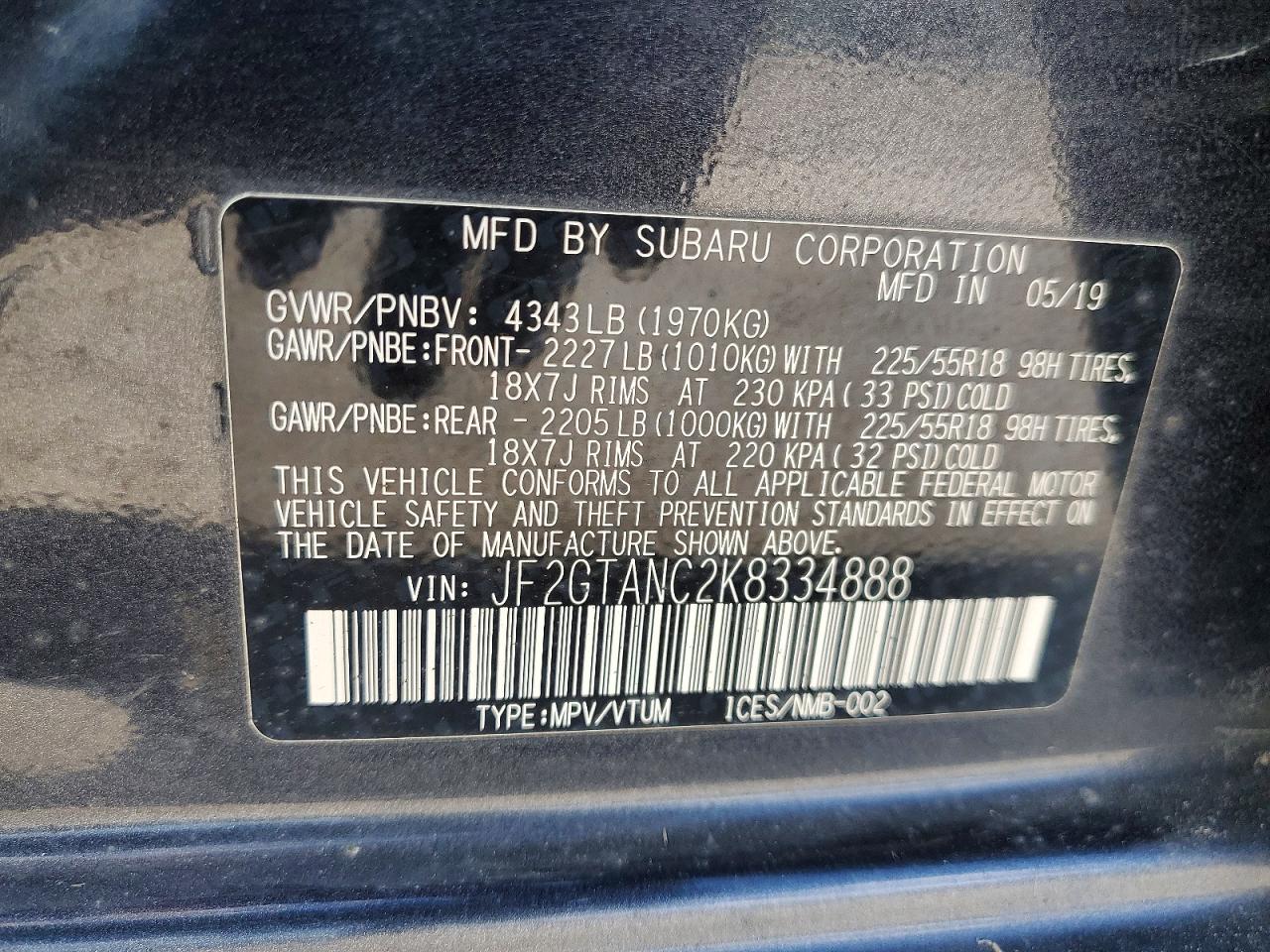 JF2GTANC2K8334888 · 2019 SUBARU CROSSTREK · 12/12