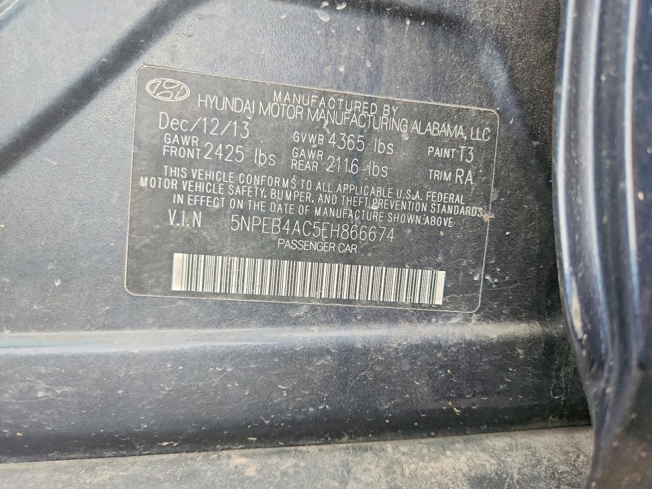 5NPEB4AC5EH866674 · 2014 HYUNDAI SONATA · 12/12