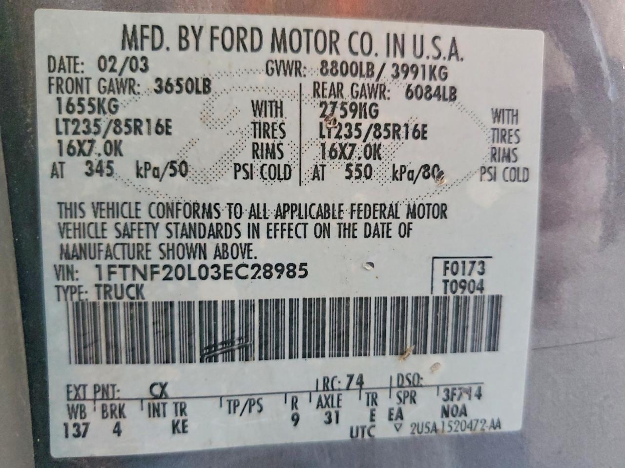 1FTNF20L03EC28985 · 2003 FORD F250 · 12/12