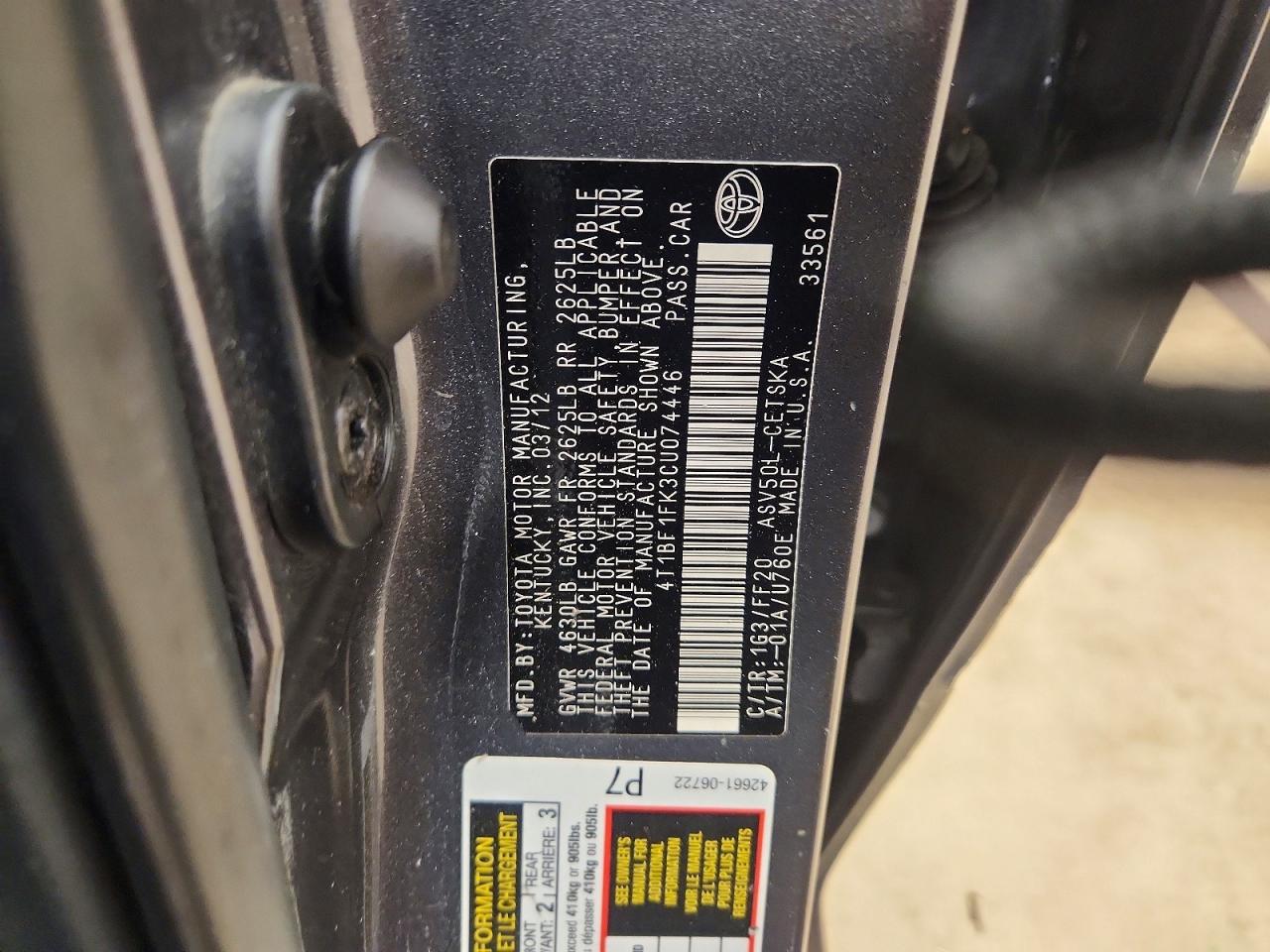 4T1BF1FK3CU074446 · 2012 TOYOTA CAMRY · 12/12