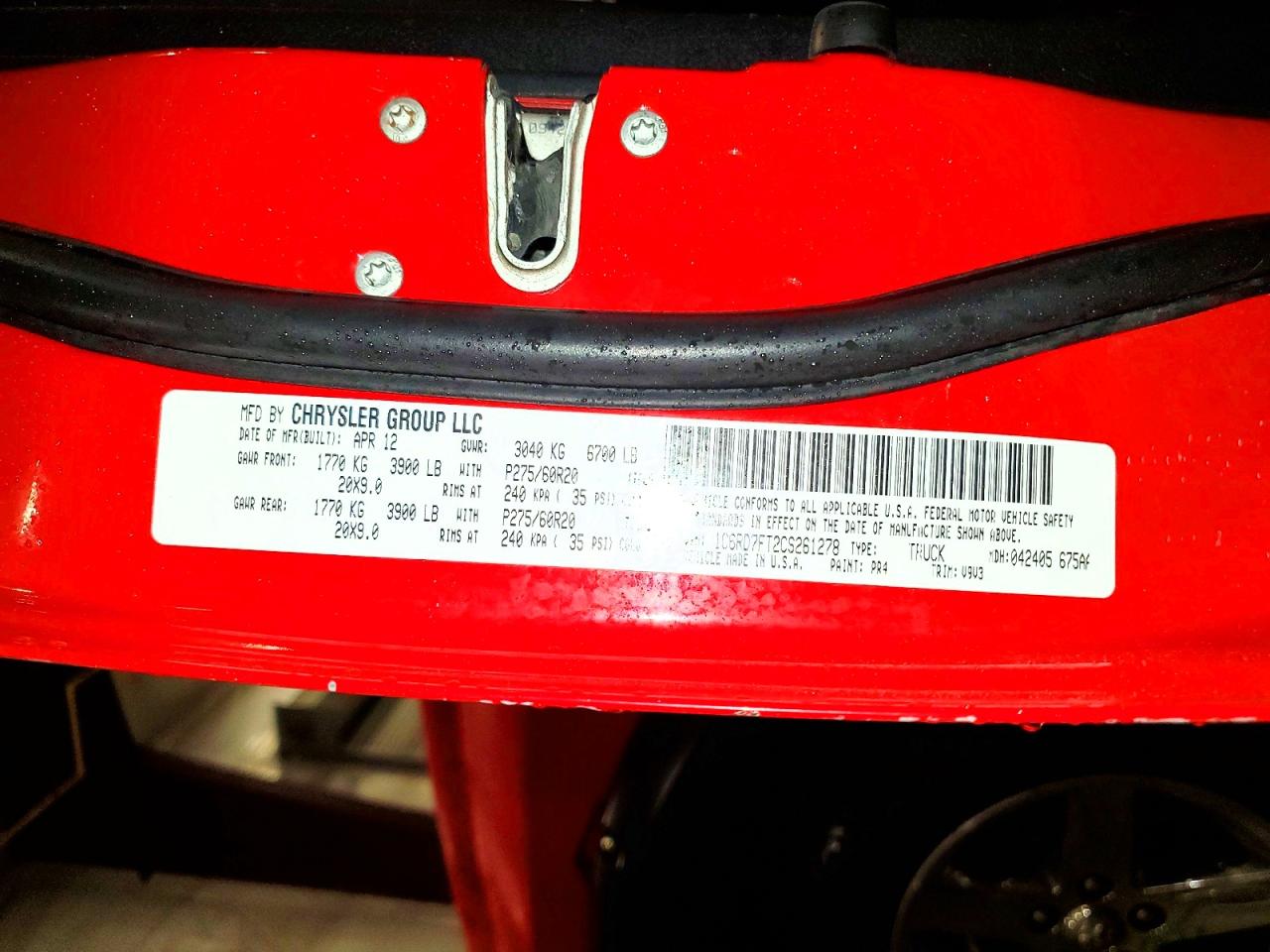 1C6RD7FT2CS261278 · 2012 DODGE RAM 1500 · 12/12