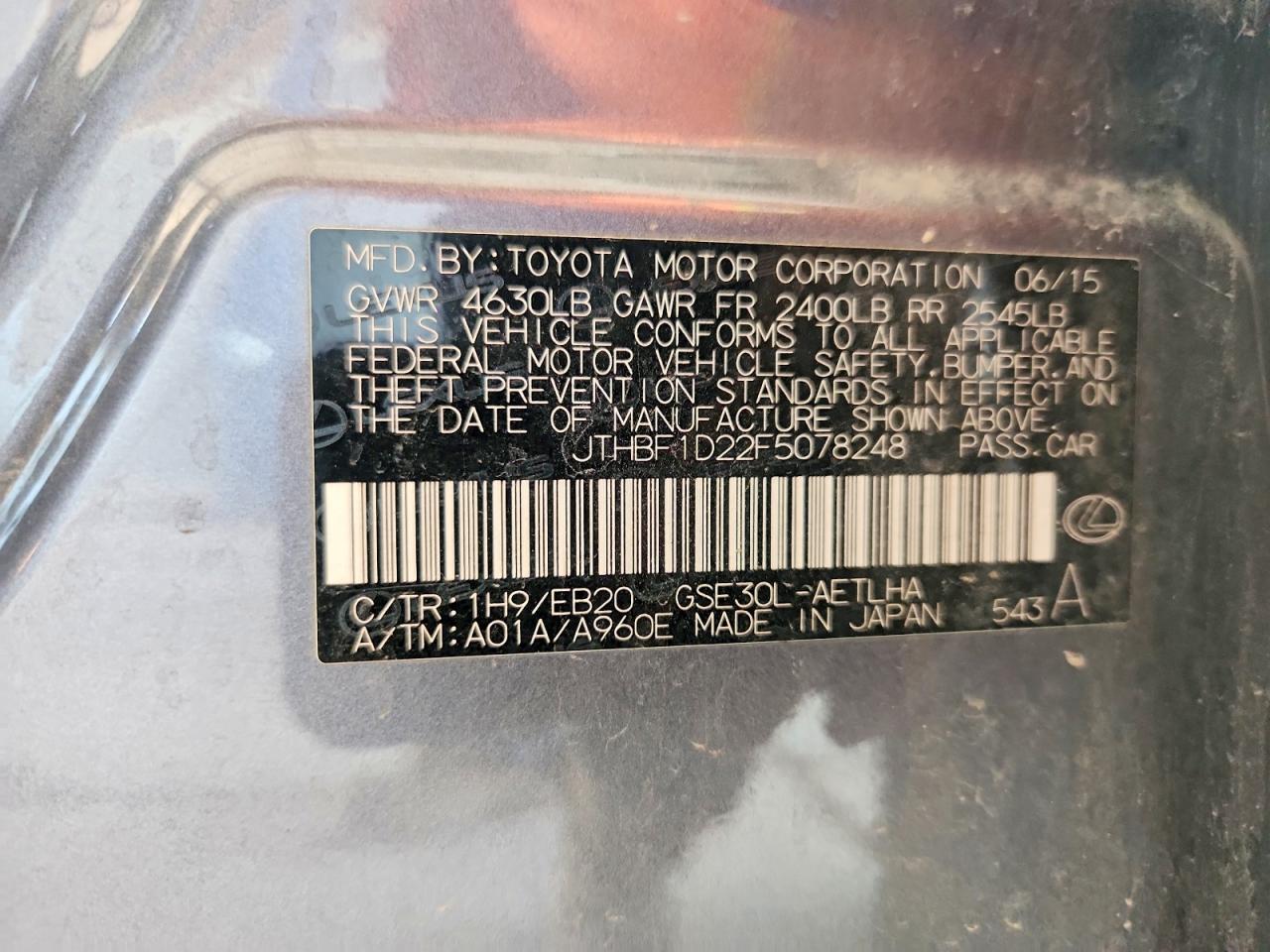 JTHBF1D22F5078248 · 2015 LEXUS IS · 12/12