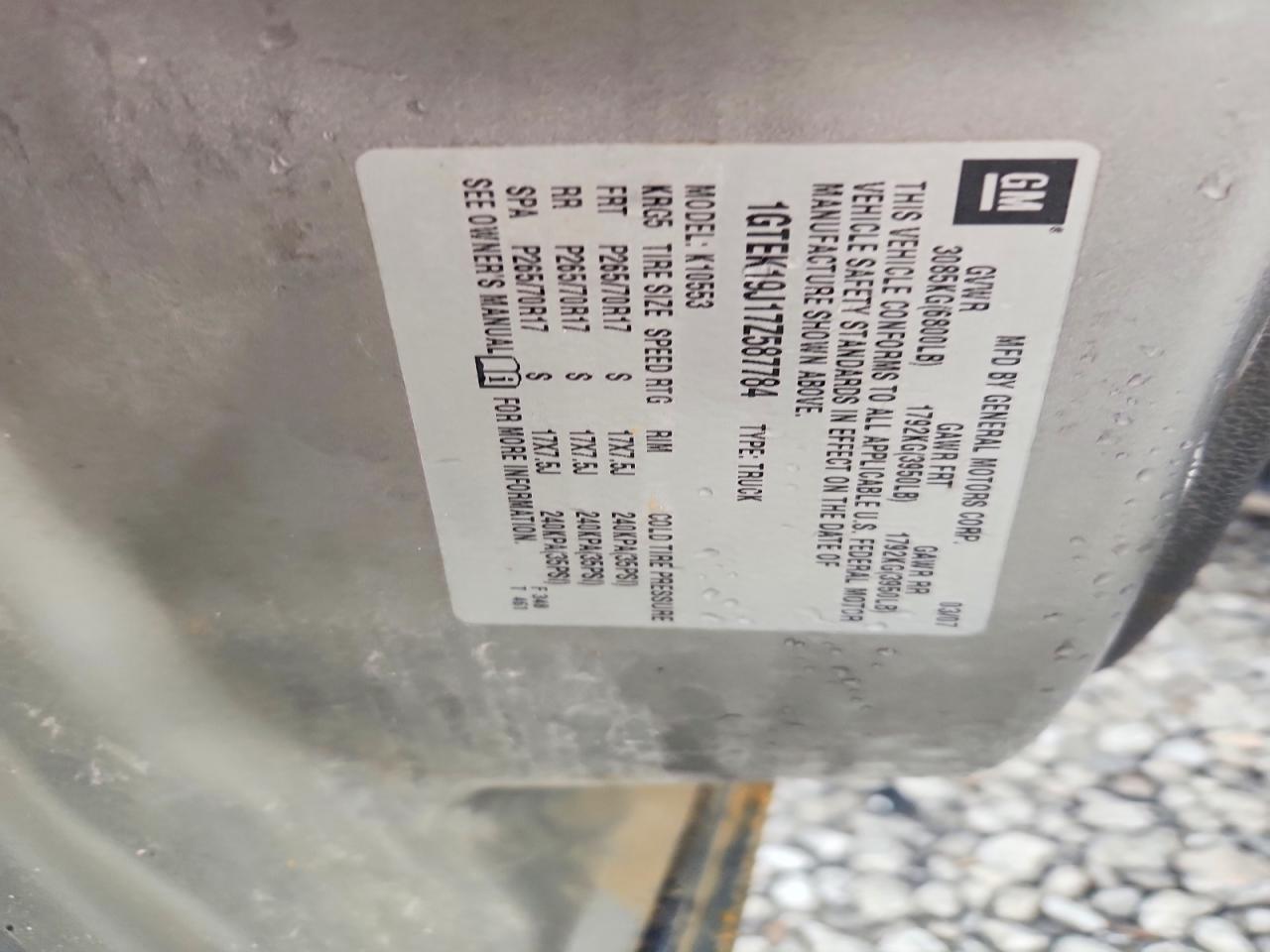 1GTEK19J17Z587784 · 2007 GMC SIERRA · 12/12