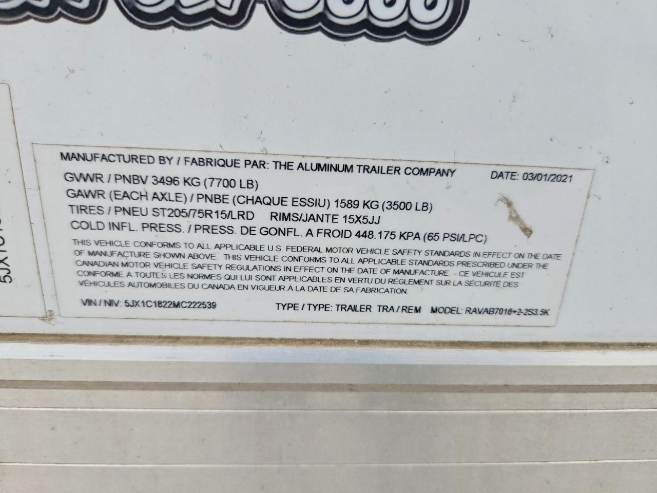 5JX1C1822MC222539 · 2021 ALUMINUM UNKNOWN · 9/11