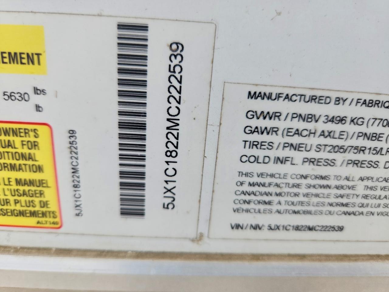 5JX1C1822MC222539 · 2021 ALUMINUM UNKNOWN · 8/11