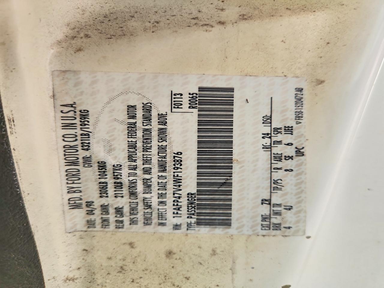 1FAFP47V4WF193876 · 1998 FORD MUSTANG · 12/12