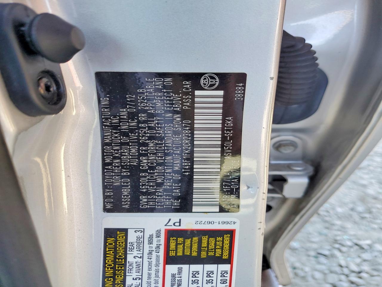 4T4BF1FK2CR238470 · 2012 TOYOTA CAMRY · 12/12