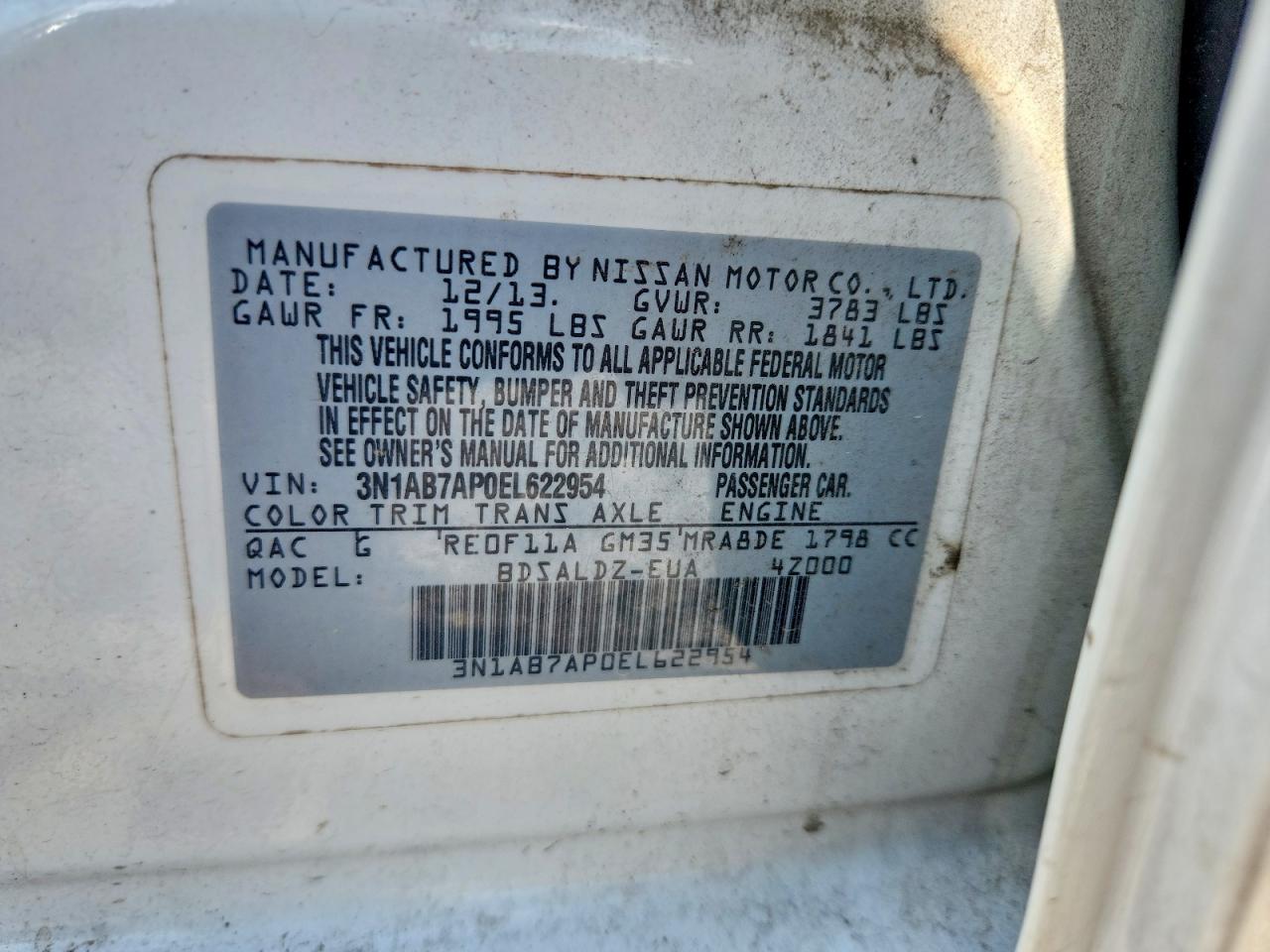 3N1AB7AP0EL622954 · 2014 NISSAN SENTRA · 12/12