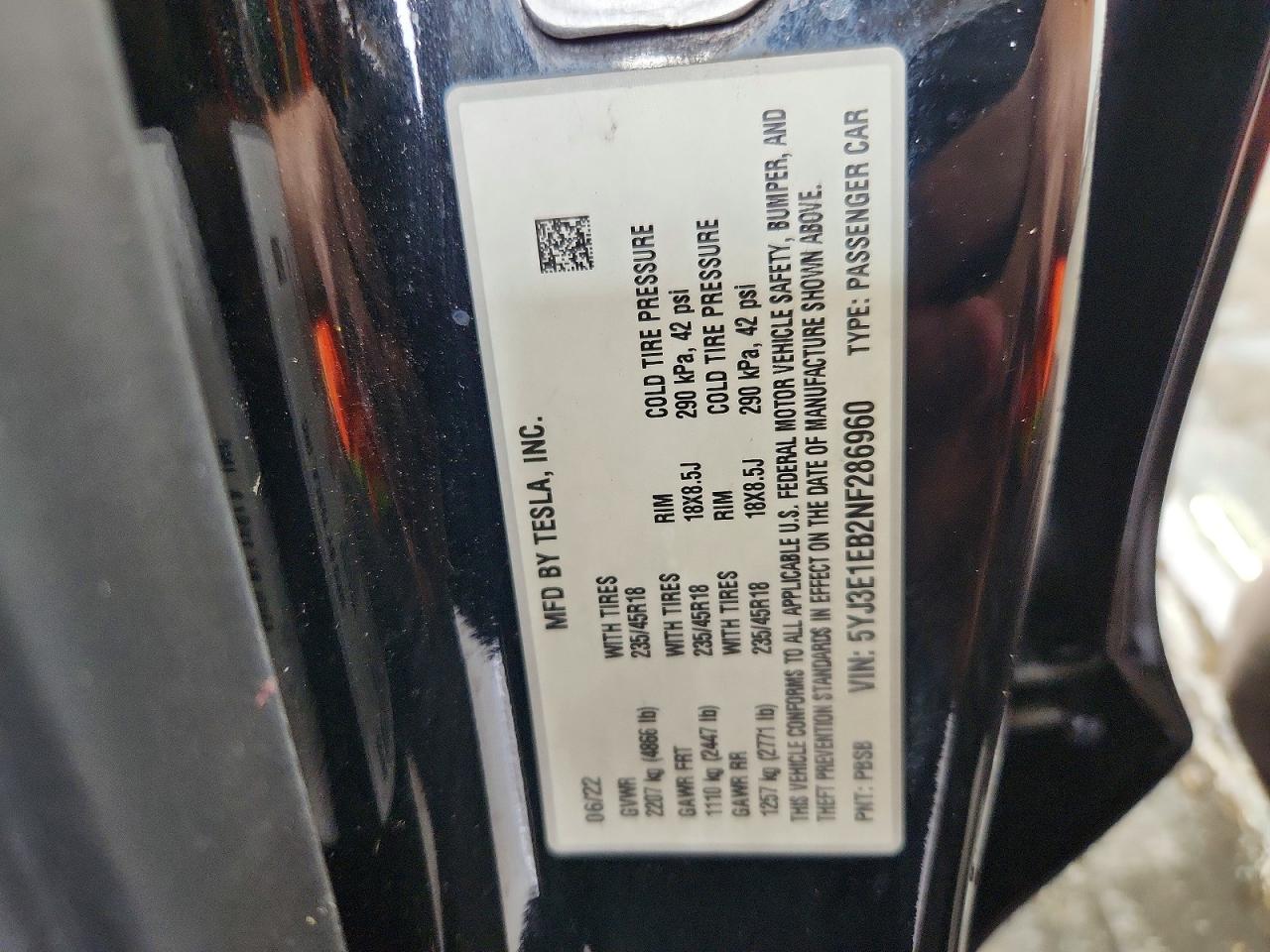 5YJ3E1EB2NF286960 · 2022 TESLA MODEL 3 · 12/12