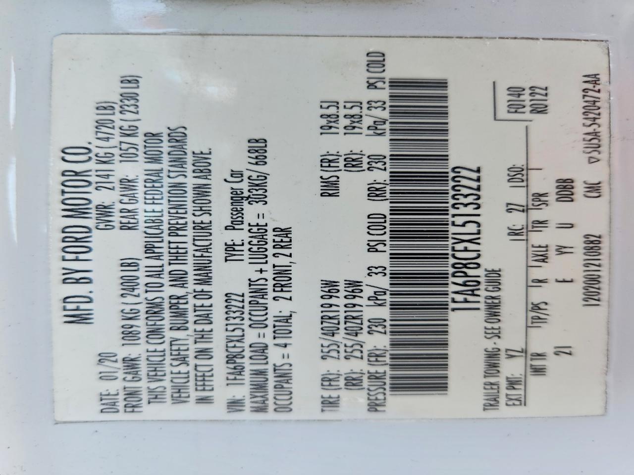 1FA6P8CFXL5133222 · 2020 FORD MUSTANG · 12/12