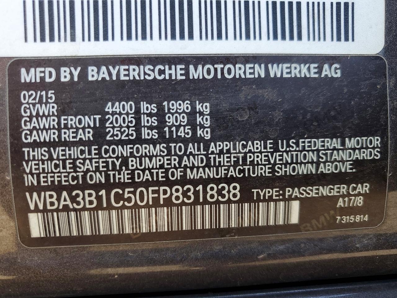 WBA3B1C50FP831838 · 2015 BMW 320 · 12/12