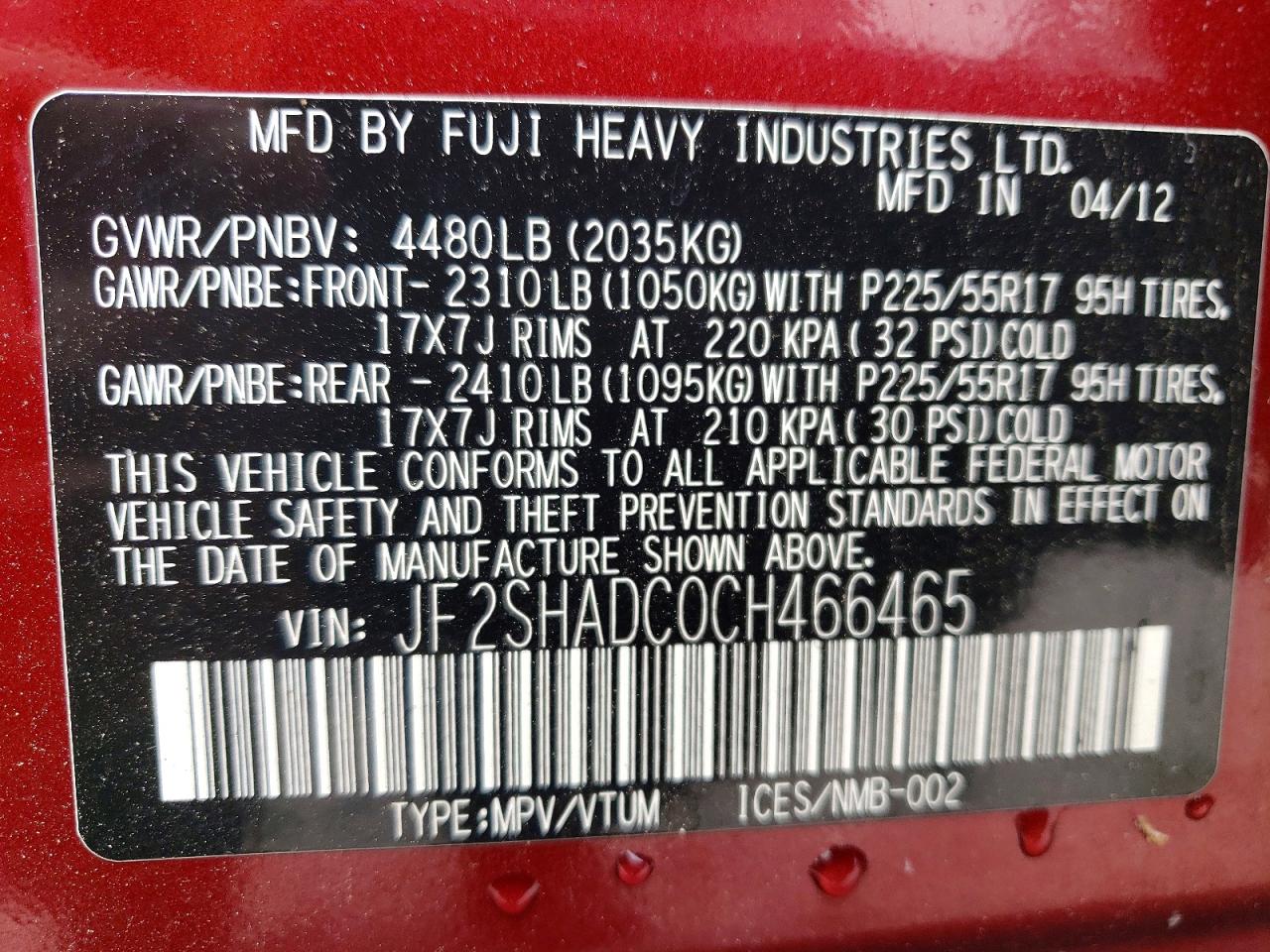 JF2SHADC0CH466465 · 2012 SUBARU FORESTER · 12/12