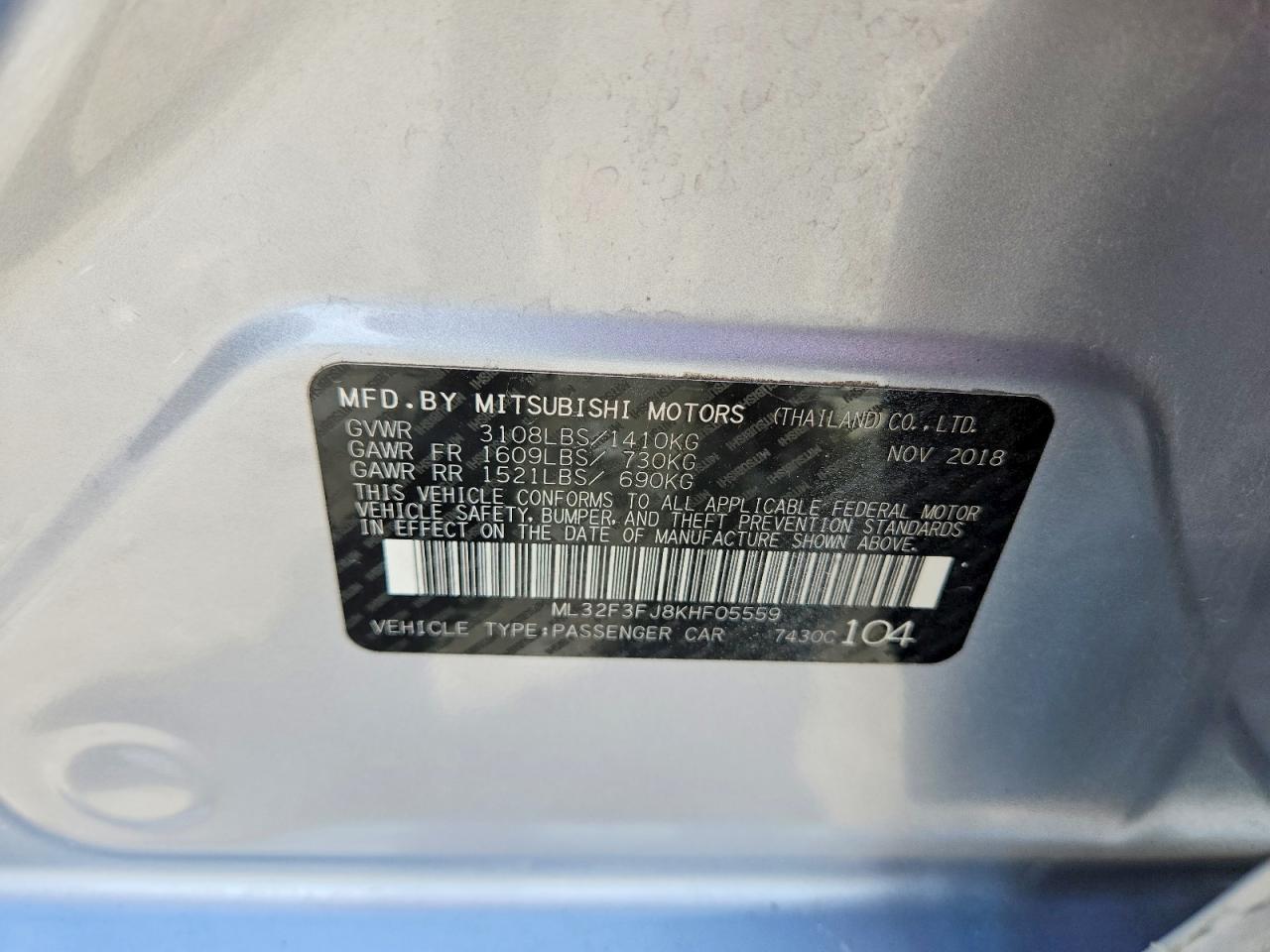 ML32F3FJ8KHF05559 · 2019 MITSUBISHI MIRAGE · 12/12