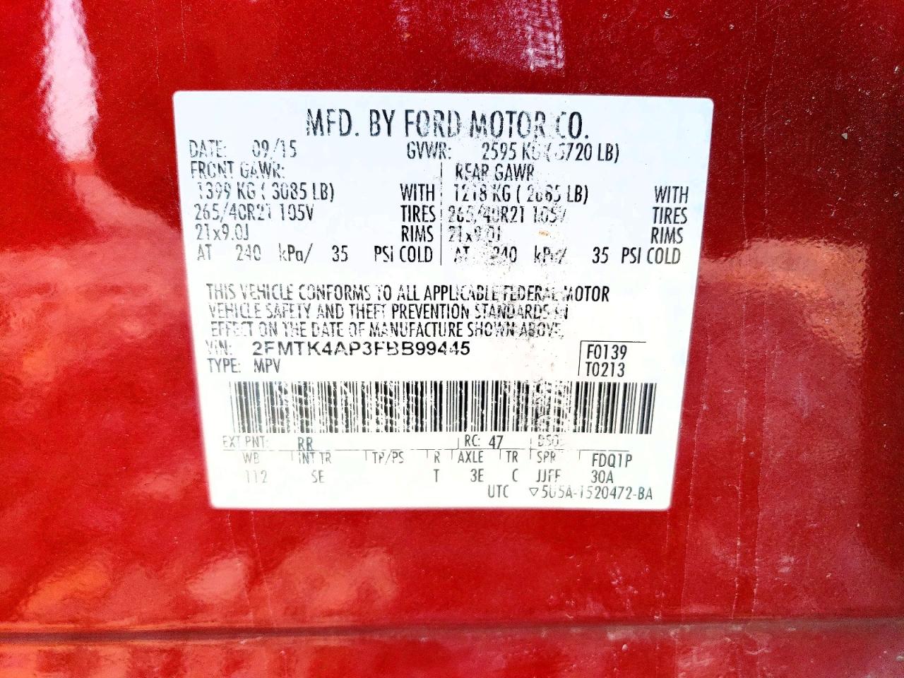 2FMTK4AP3FBB99445 · 2015 FORD EDGE · 12/12