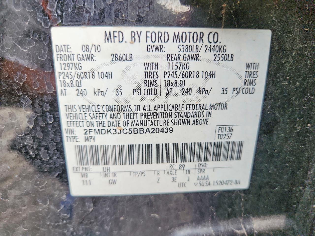 2FMDK3JC5BBA20439 · 2011 FORD EDGE · 12/12