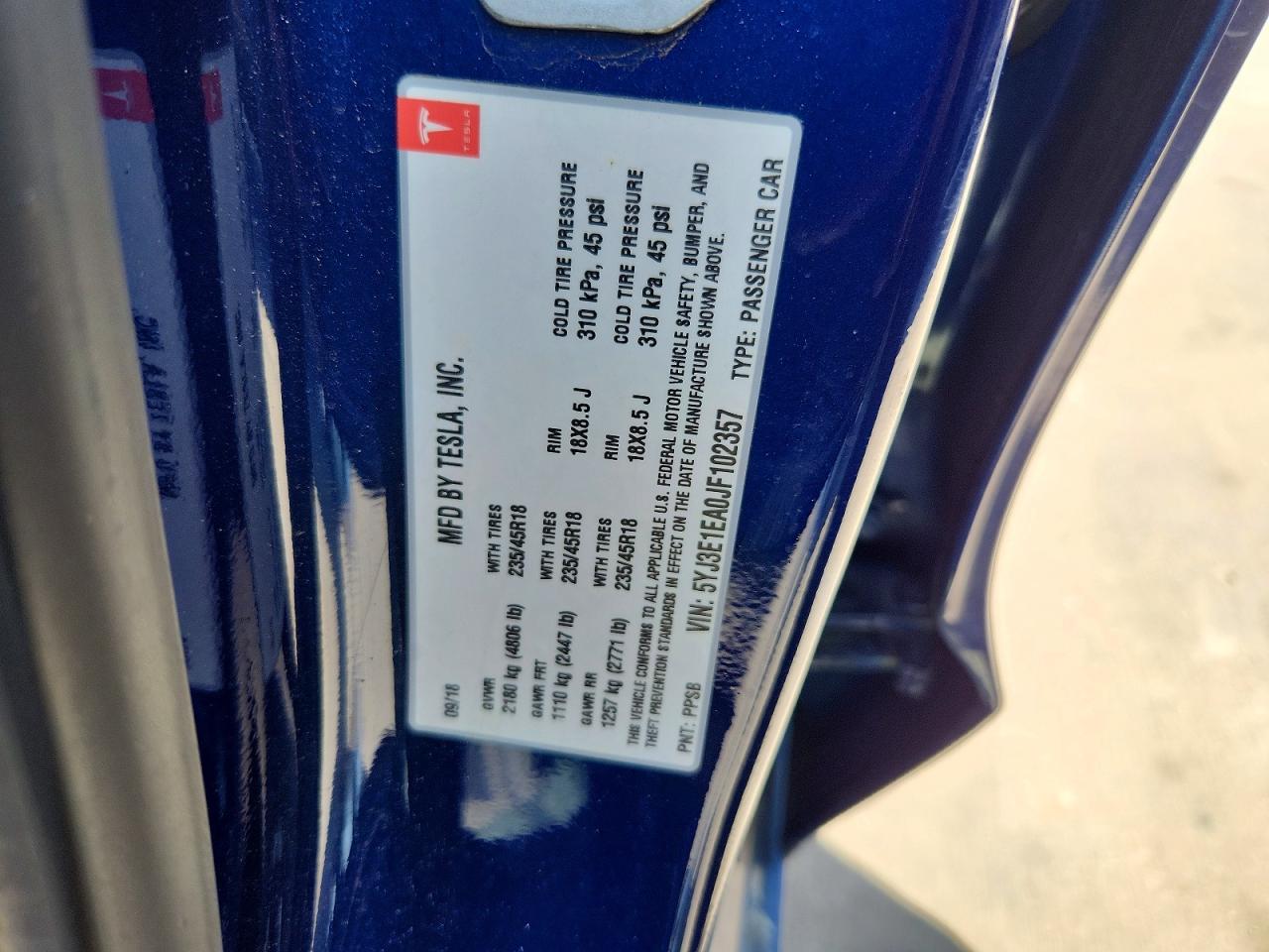 5YJ3E1EA0JF102357 · 2018 TESLA MODEL 3 · 12/12
