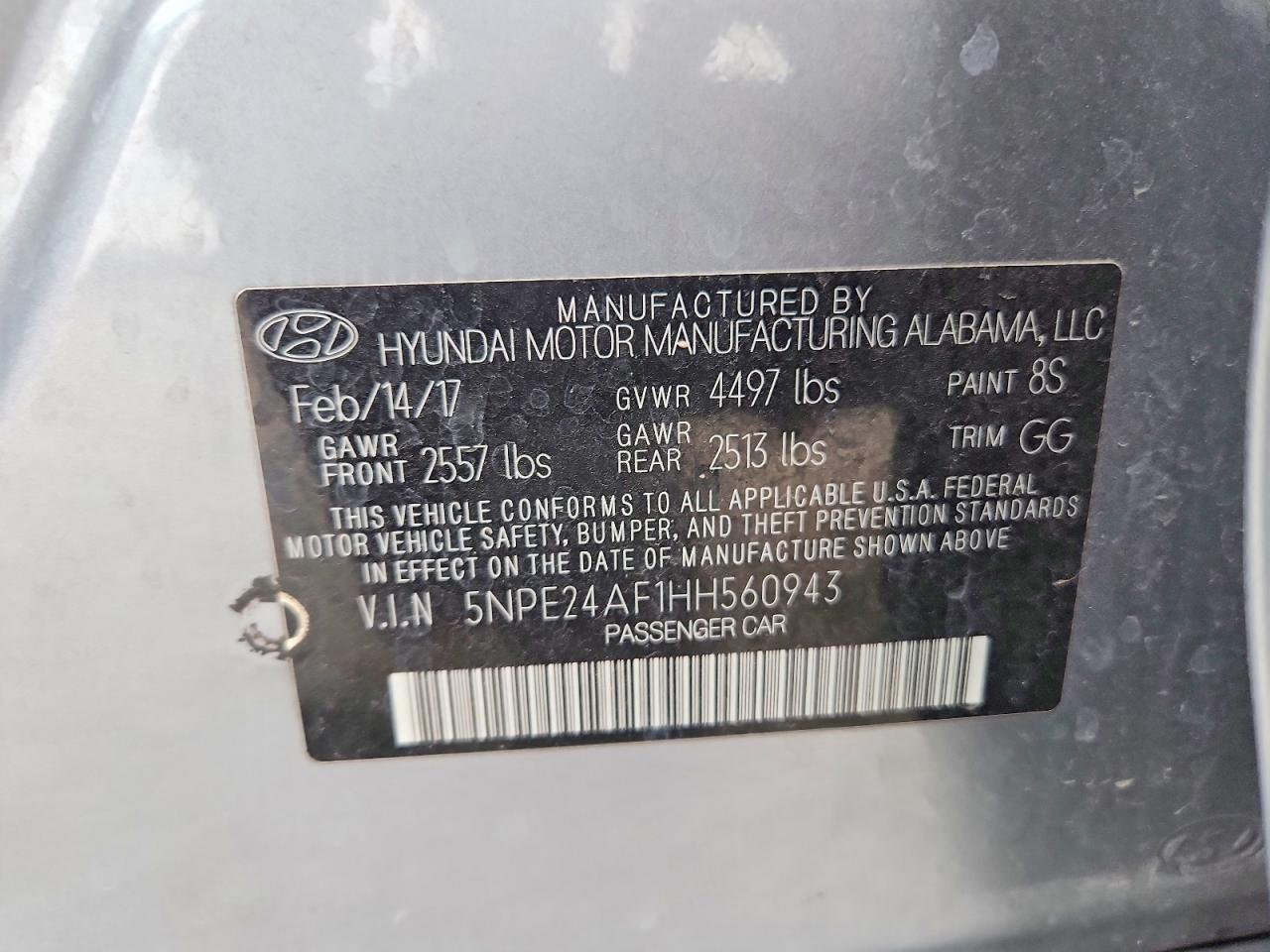 5NPE24AF1HH560943 · 2017 HYUNDAI SONATA · 12/12
