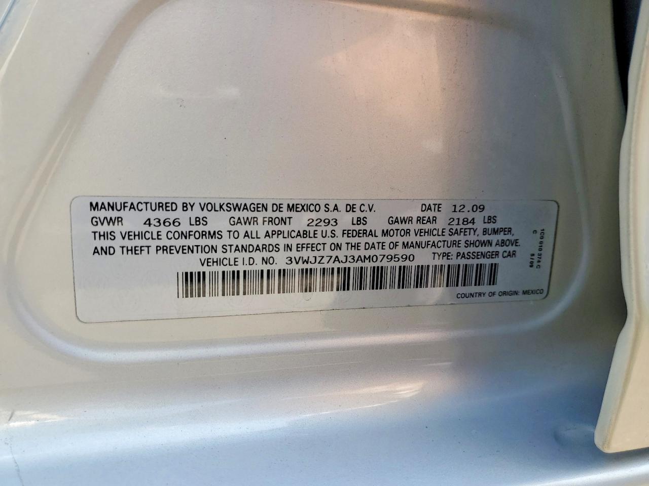 3VWJZ7AJ3AM079590 · 2010 VOLKSWAGEN JETTA · 12/12