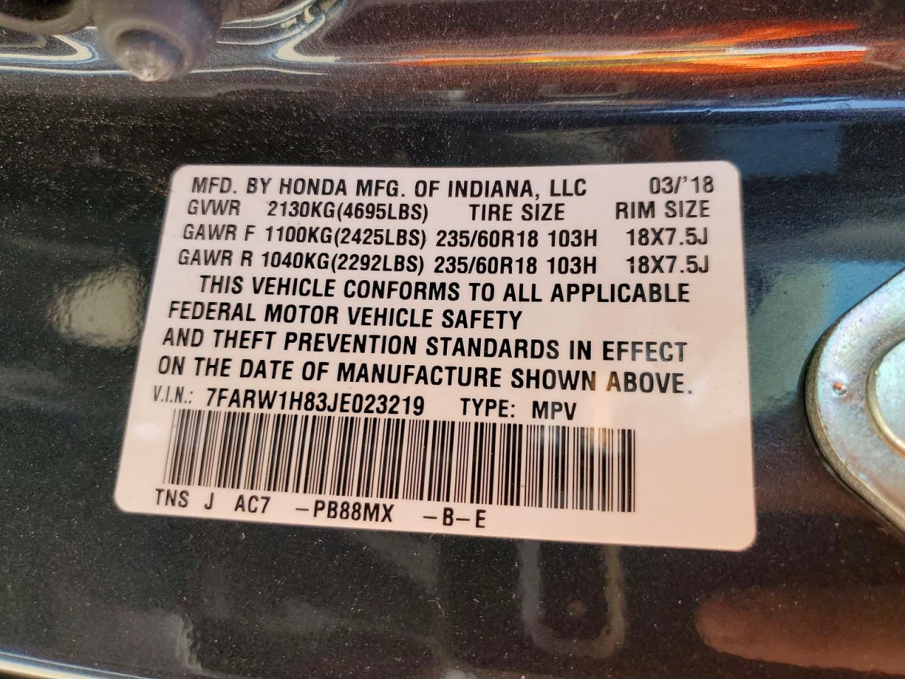 7FARW1H83JE023219 · 2018 HONDA CR-V · 12/12