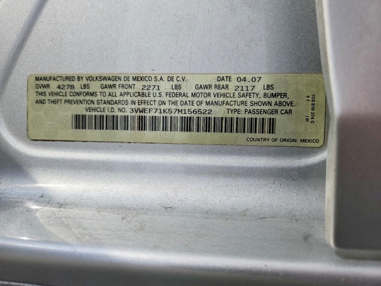 3VWEF71K57M156522 · 2007 VOLKSWAGEN JETTA · 12/12