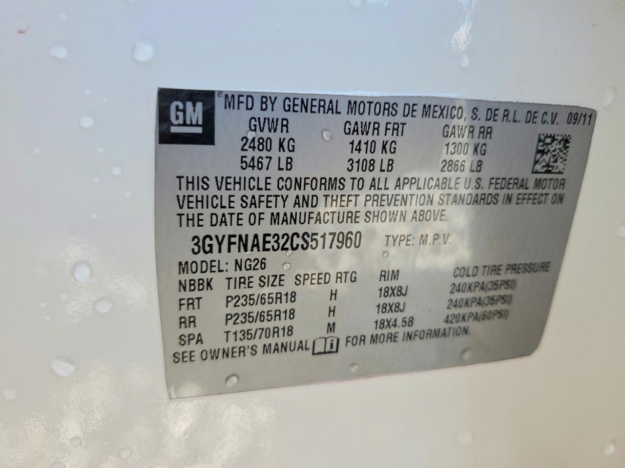3GYFNAE32CS517960 · 2012 CADILLAC SRX · 12/12