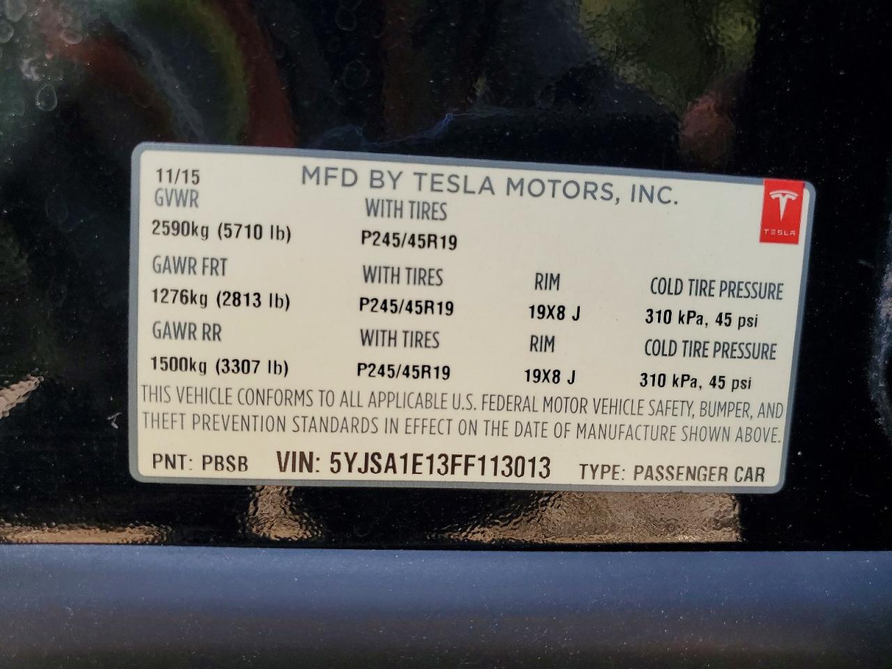 5YJSA1E13FF113013 · 2015 TESLA MODEL S · 12/12