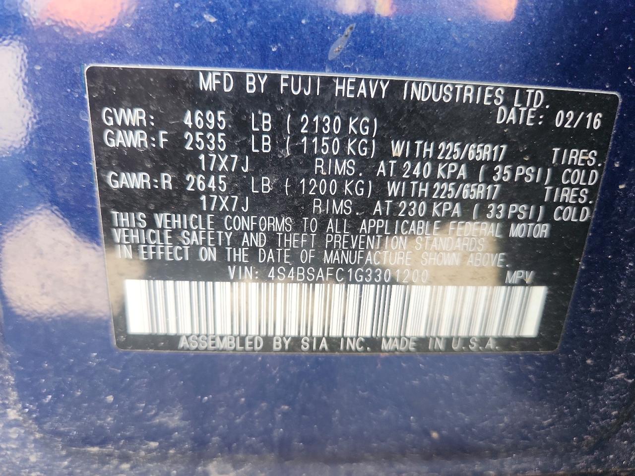 4S4BSAFC1G3301200 · 2016 SUBARU OUTBACK · 12/12
