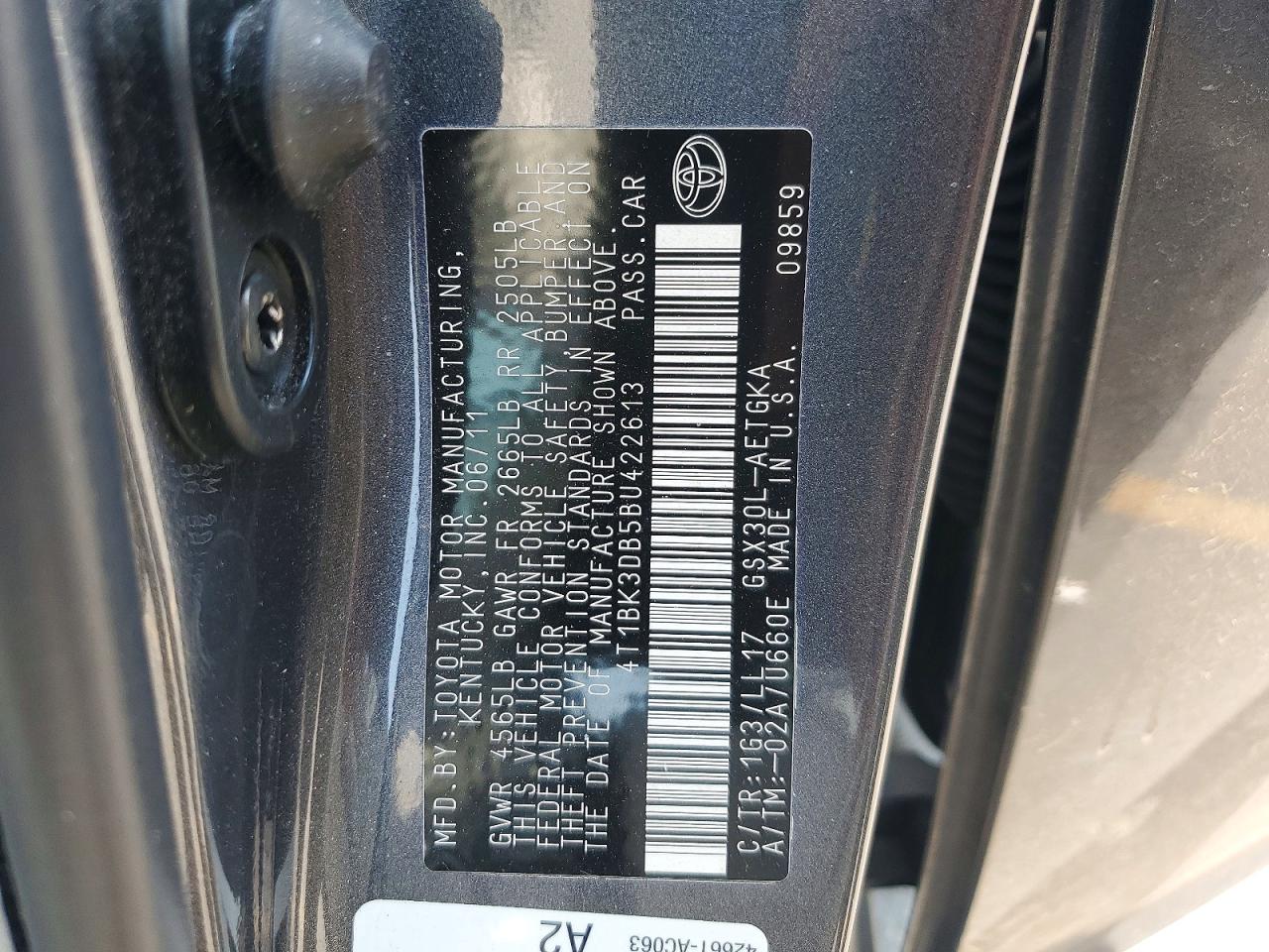 4T1BK3DB5BU422613 · 2011 TOYOTA AVALON · 12/12