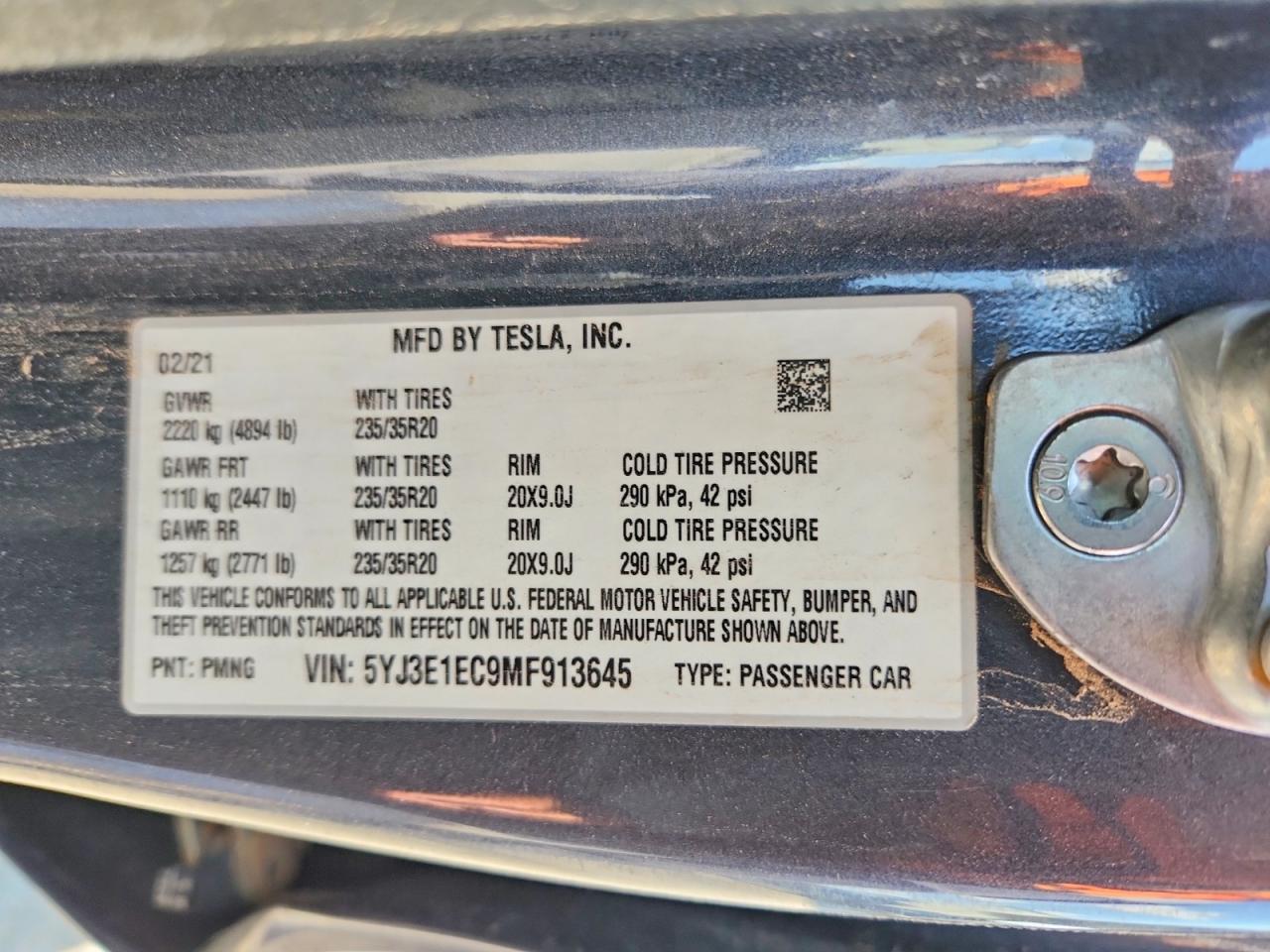 5YJ3E1EC9MF913645 · 2021 TESLA MODEL 3 · 12/12