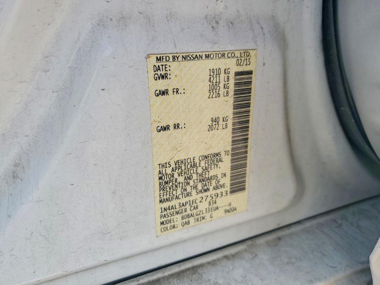 1N4AL3AP1FC275933 · 2015 NISSAN ALTIMA · 12/12