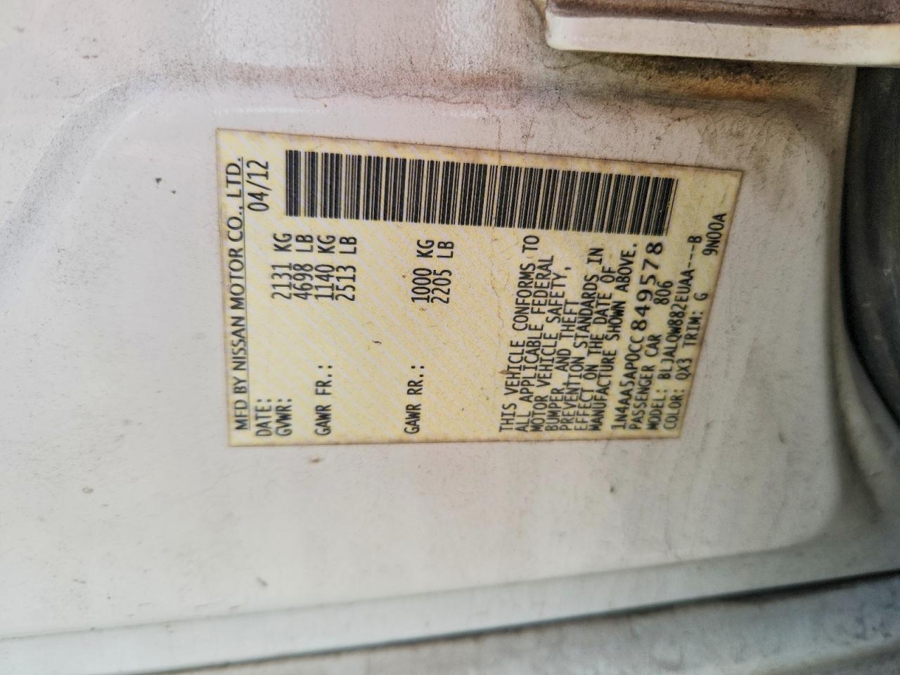 1N4AA5AP0CC849578 · 2012 NISSAN MAXIMA · 12/12