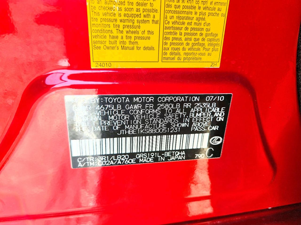 JTHBE1KS8B0051231 · 2011 LEXUS GS · 12/12