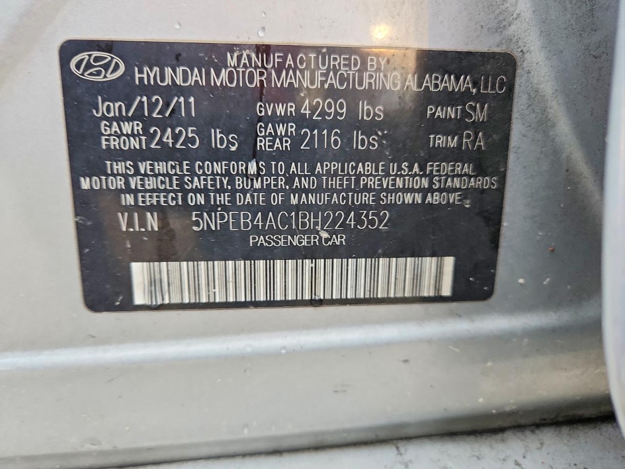 5NPEB4AC1BH224352 · 2011 HYUNDAI SONATA · 12/12