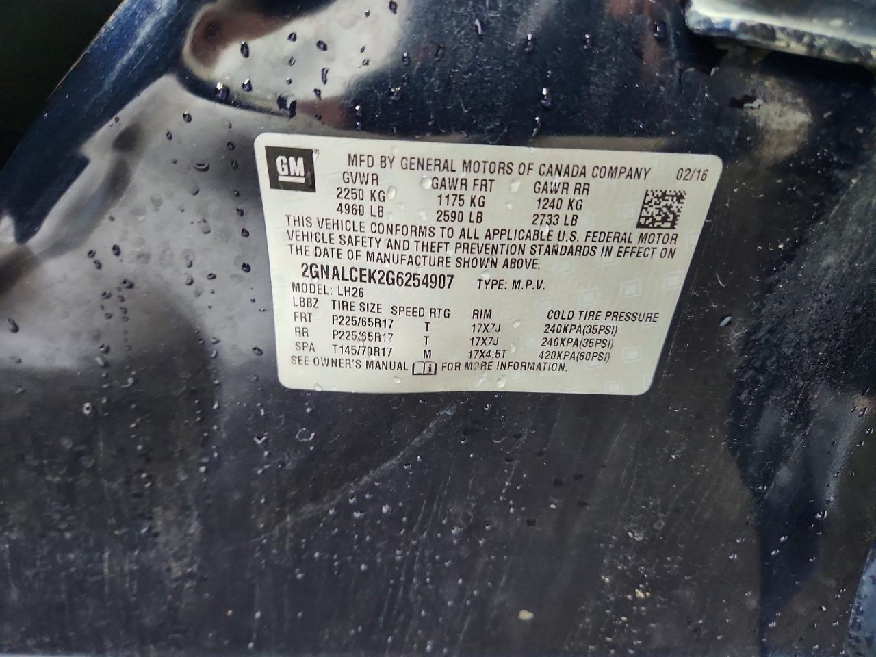 2GNALCEK2G6254907 · 2016 CHEVROLET EQUINOX · 12/12