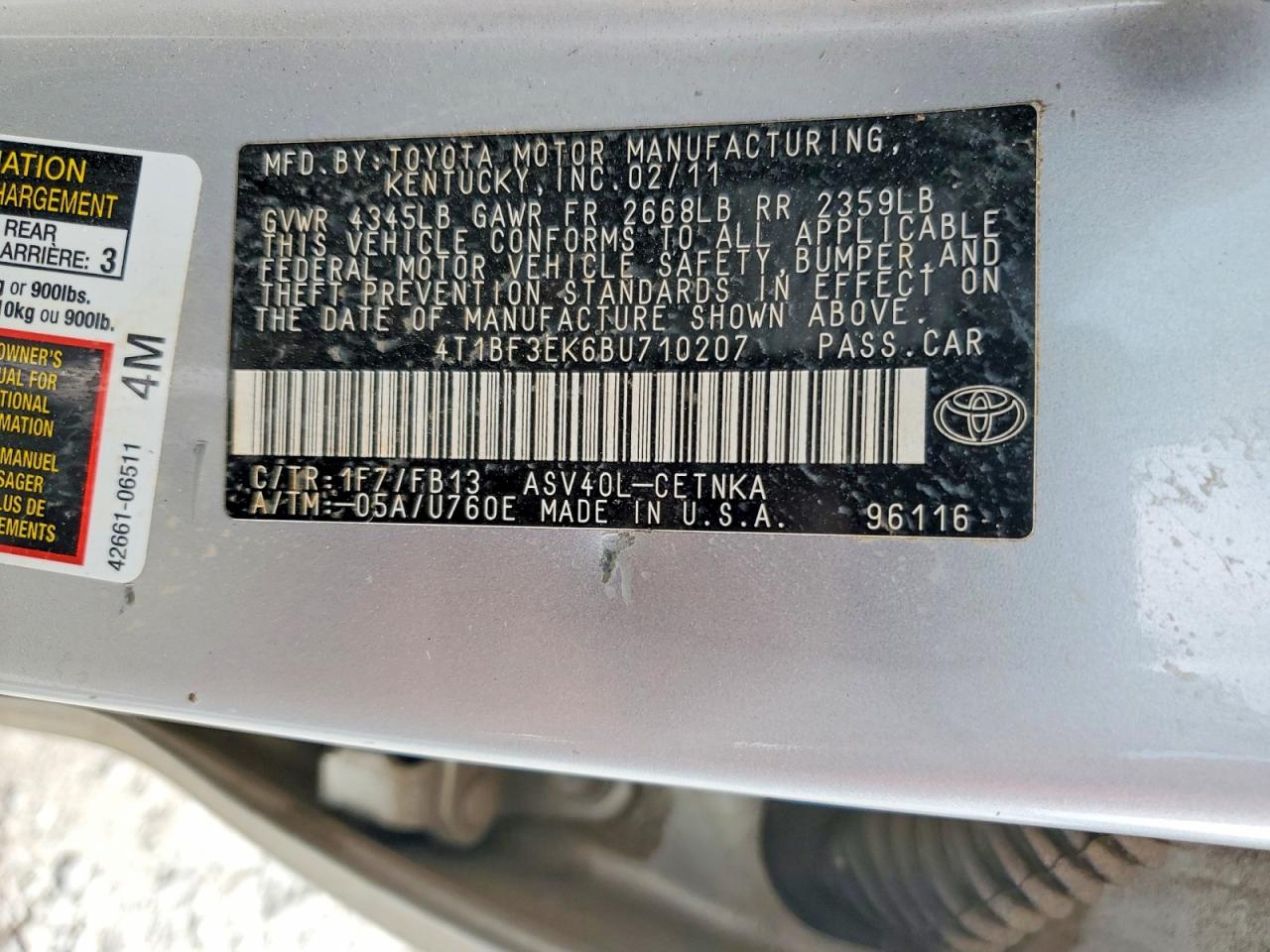 4T1BF3EK6BU710207 · 2011 TOYOTA CAMRY · 12/12
