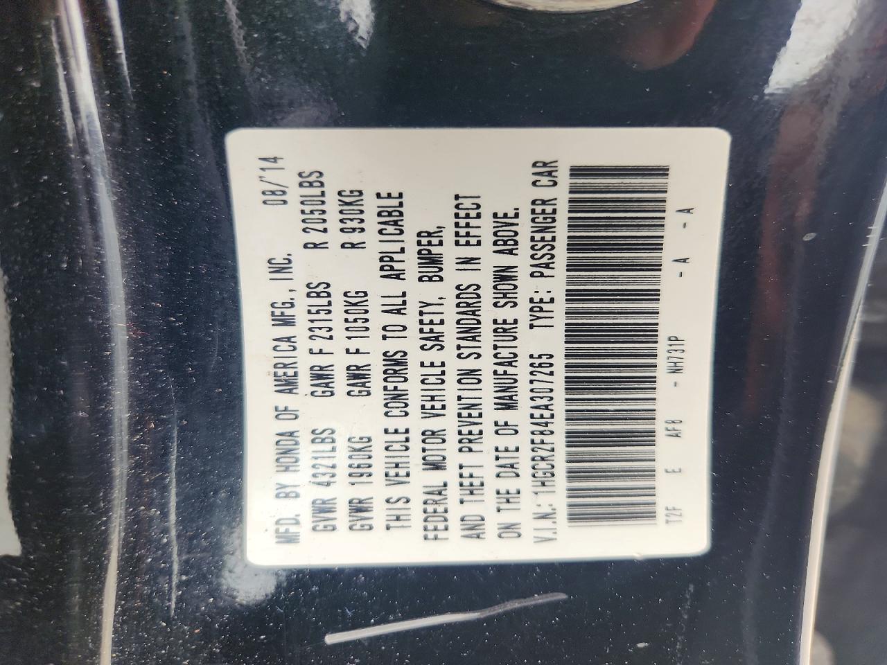 1HGCR2F84EA307265 · 2014 HONDA ACCORD · 12/12