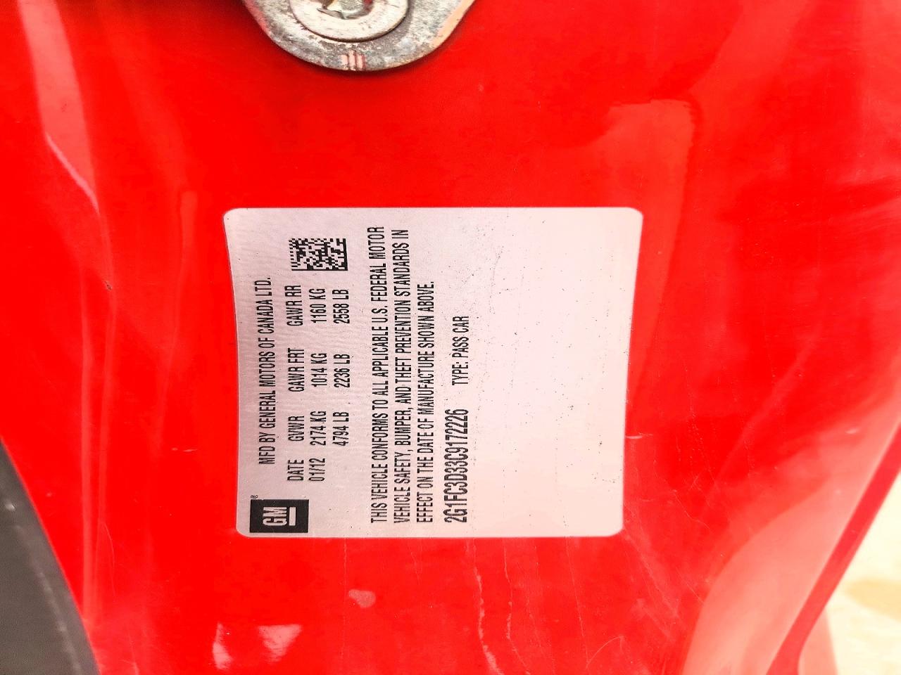 2G1FC3D33C9172226 · 2012 CHEVROLET CAMARO · 12/12