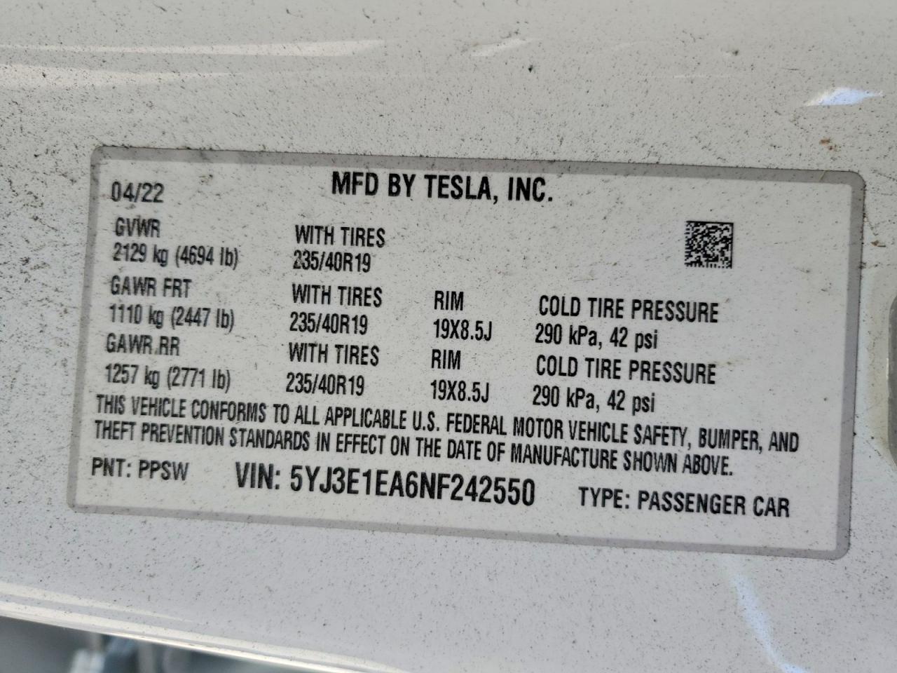 5YJ3E1EA6NF242550 · 2022 TESLA MODEL 3 · 12/12