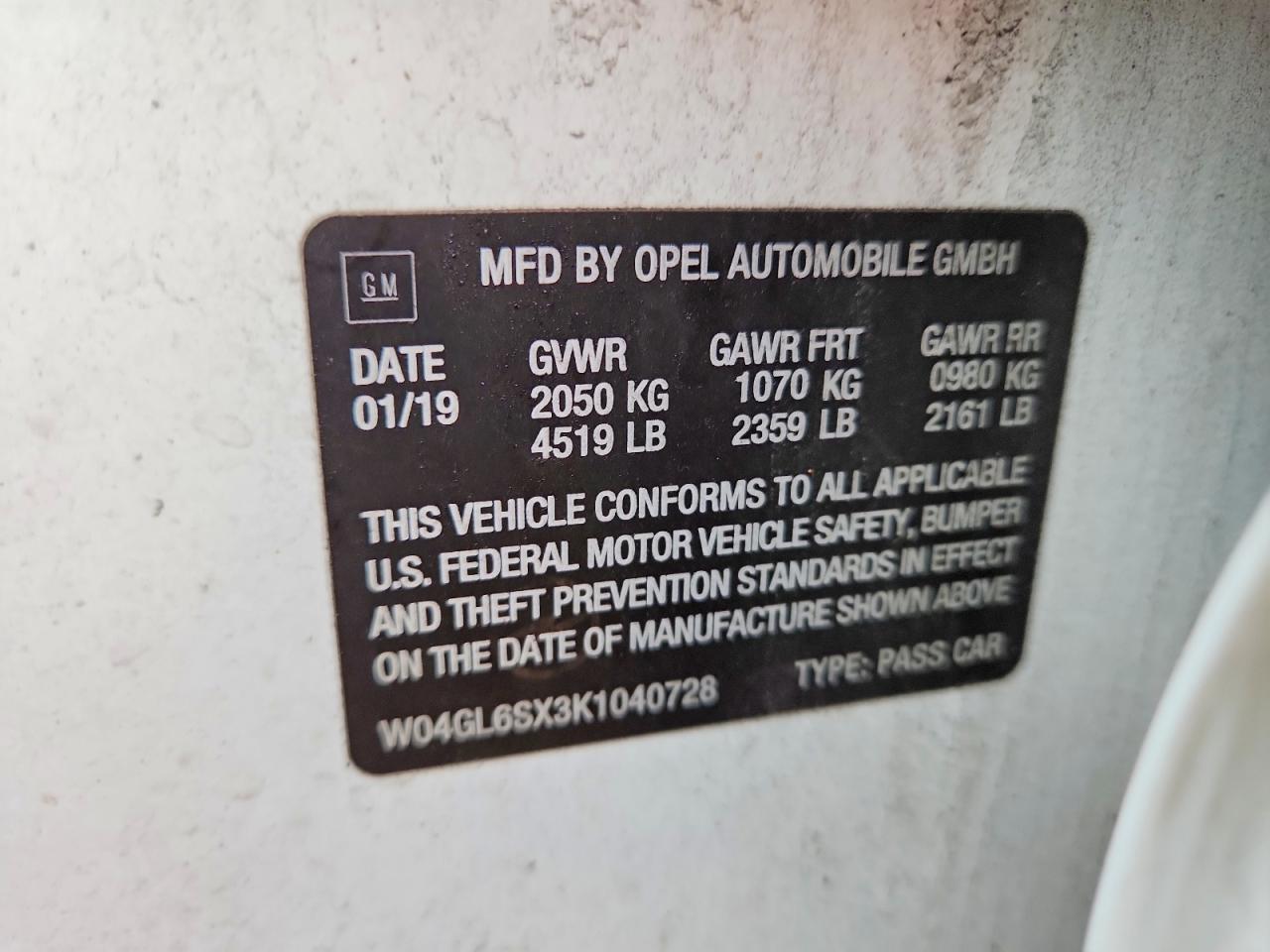 W04GL6SX3K1040728 · 2019 BUICK REGAL · 12/12