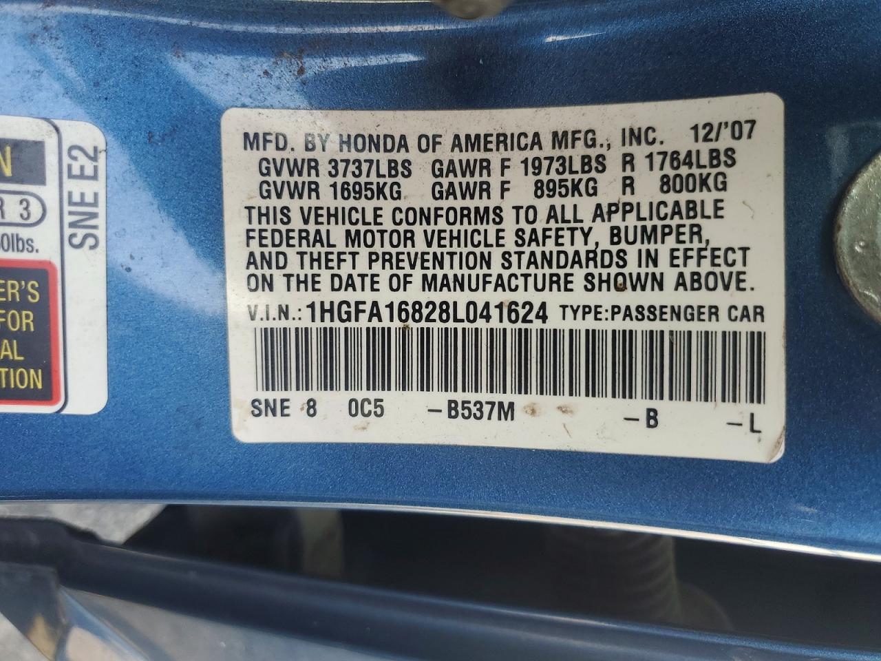 1HGFA16828L041624 · 2008 HONDA CIVIC · 12/12