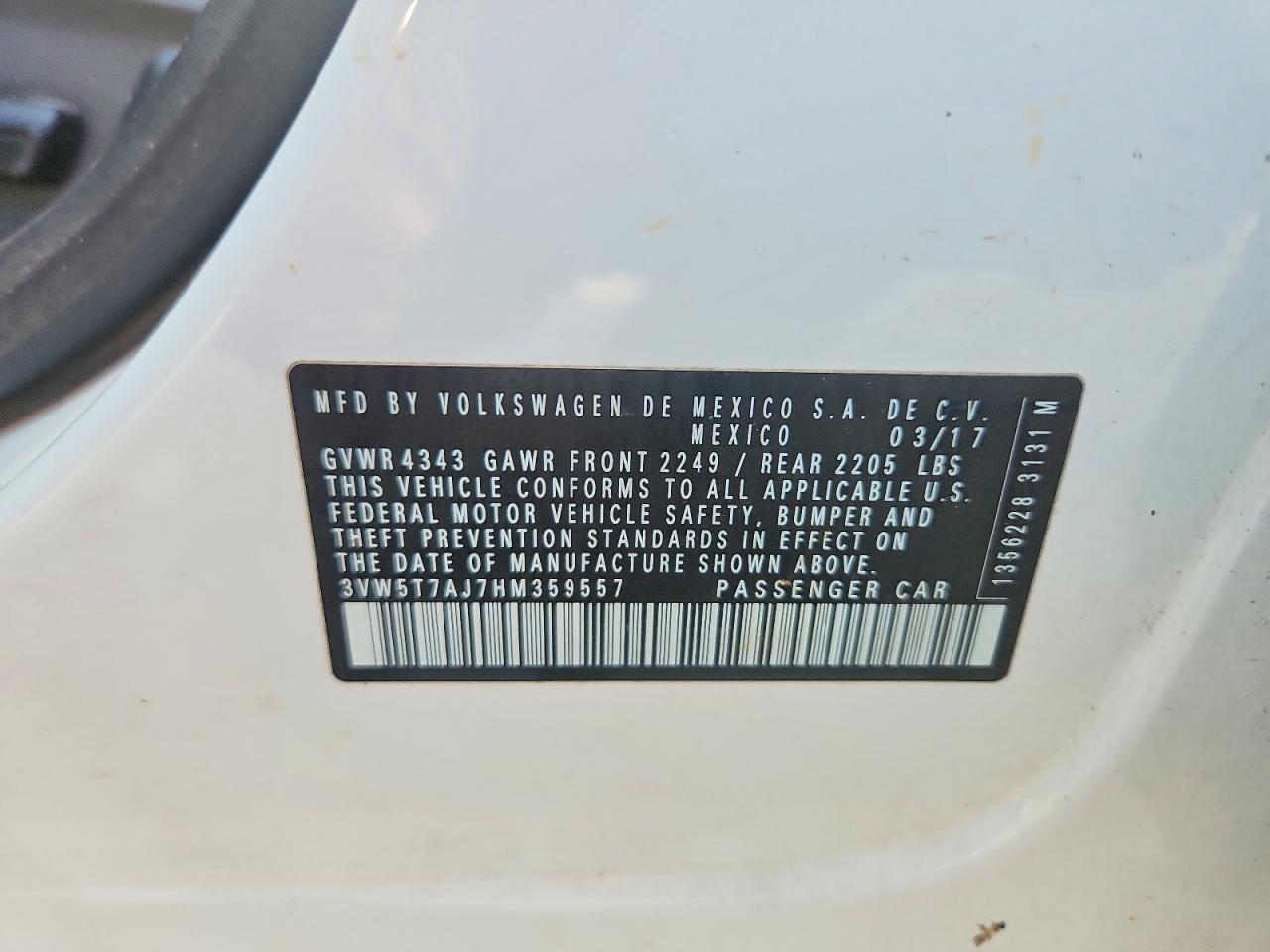 3VW5T7AJ7HM359557 · 2017 VOLKSWAGEN JETTA · 12/12