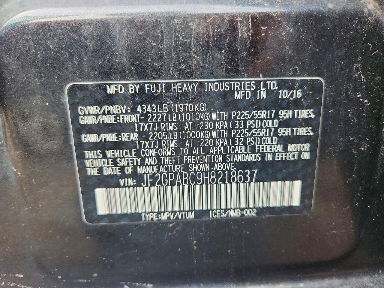 JF2GPABC9H8218637 · 2017 SUBARU CROSSTREK · 12/12