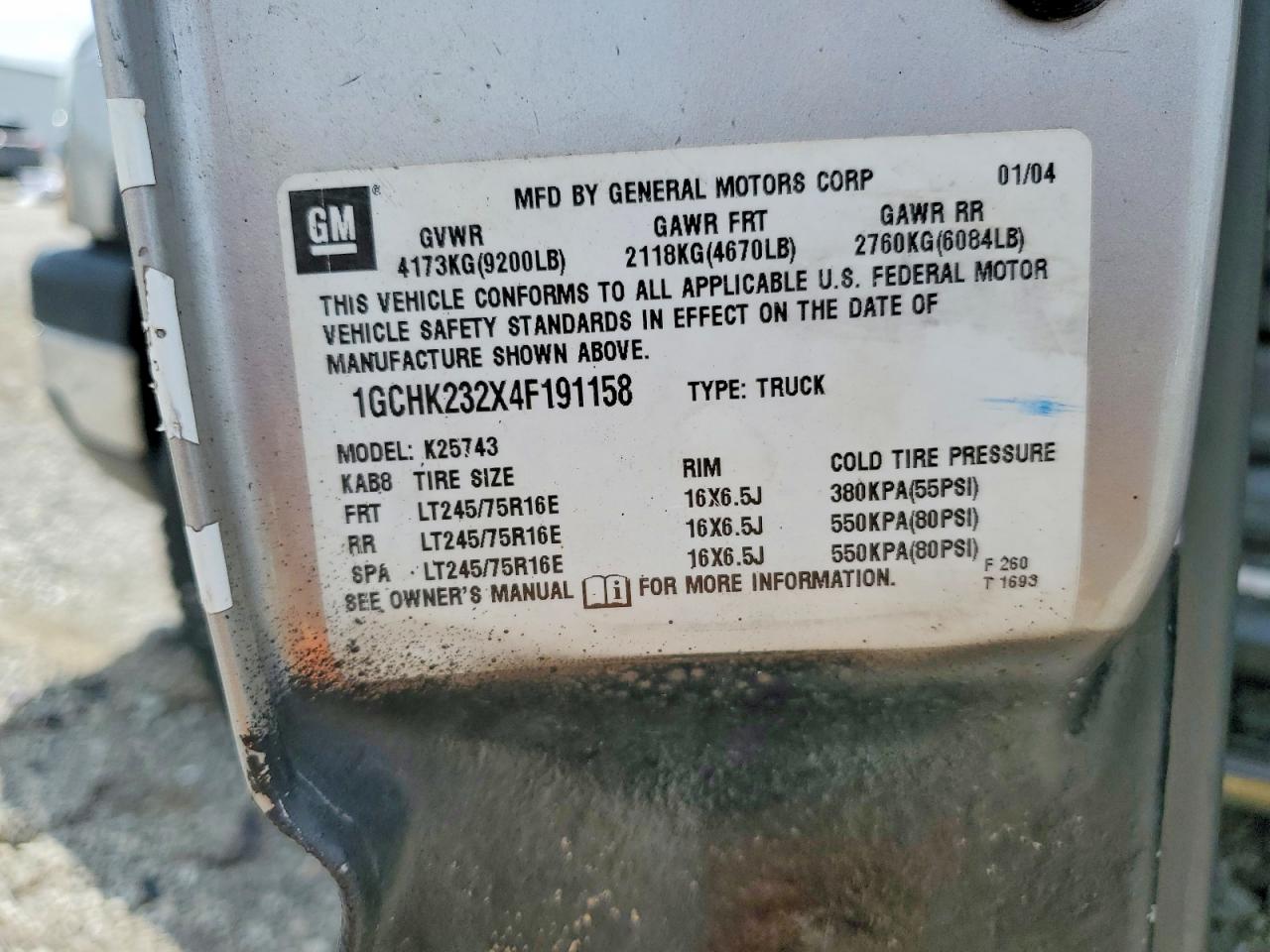 1GCHK232X4F191158 · 2004 CHEVROLET SILVERADO · 12/12