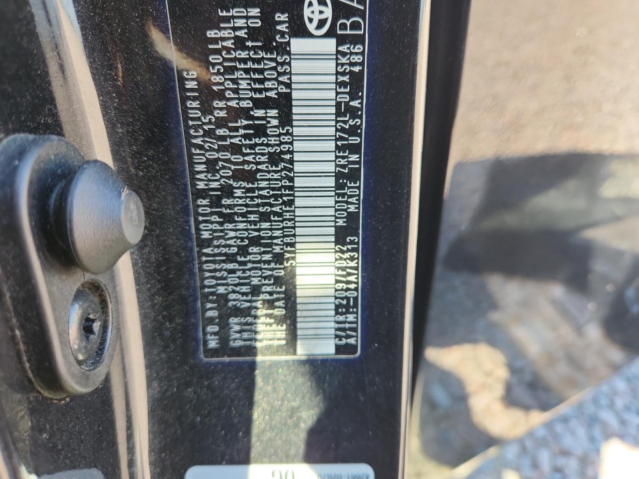 5YFBURHE1FP274985 · 2015 TOYOTA COROLLA · 12/12