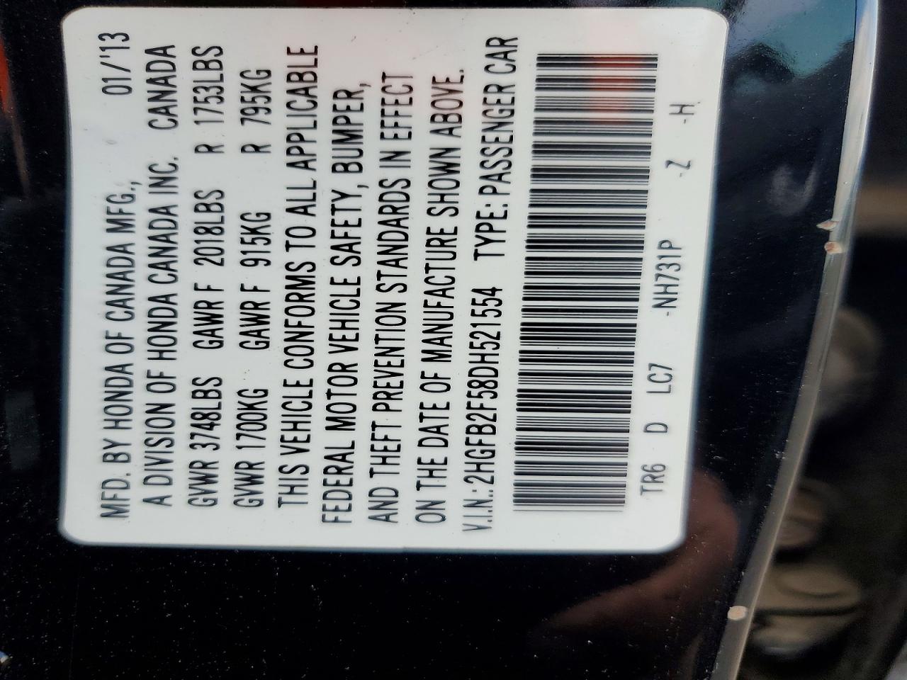 2HGFB2F58DH521554 · 2013 HONDA CIVIC · 12/12