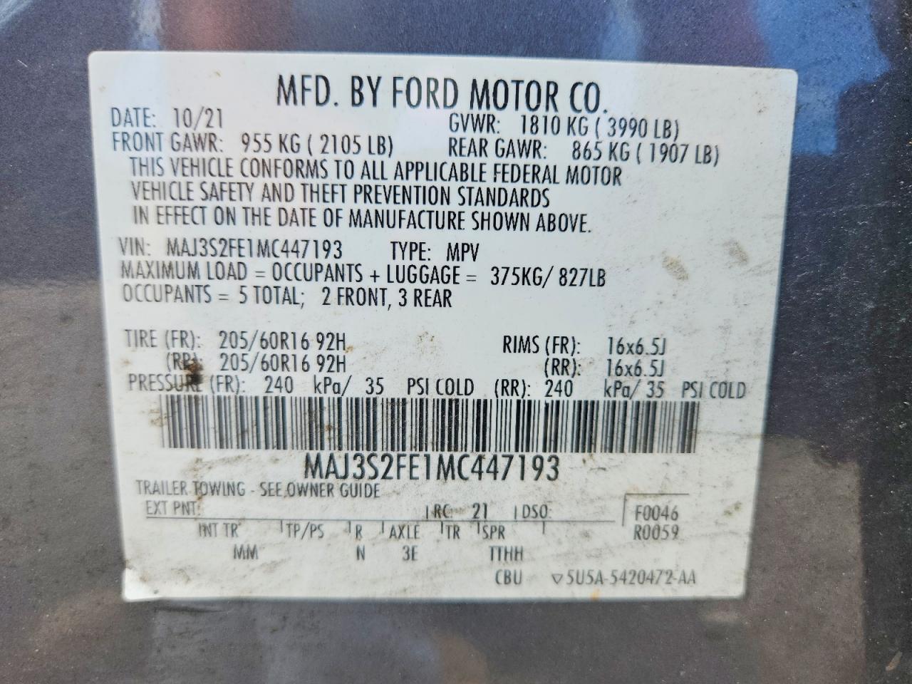 MAJ3S2FE1MC447193 · 2021 FORD ECOSPORT · 12/12