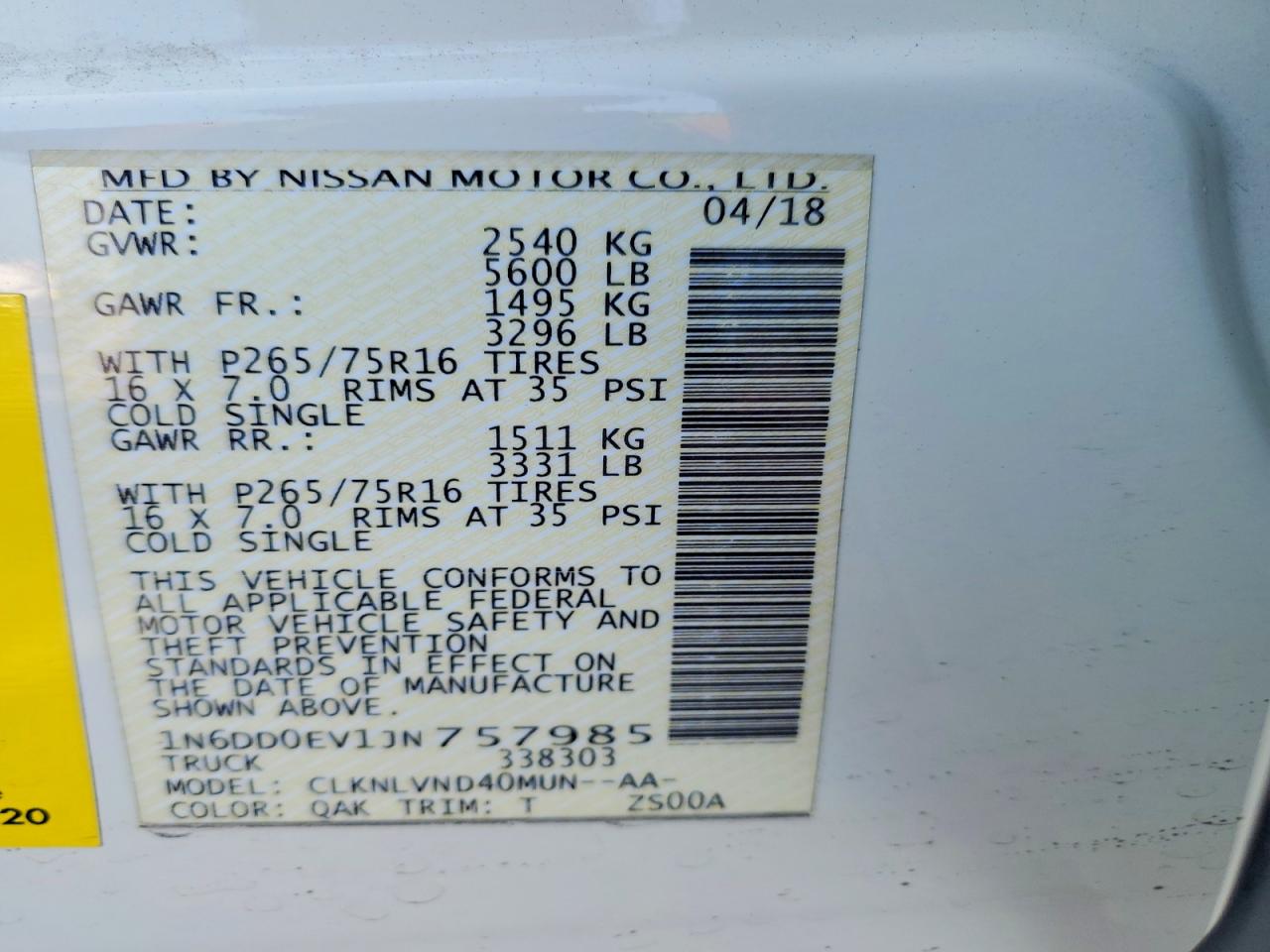 1N6DD0EV1JN757985 · 2018 NISSAN FRONTIER · 12/12