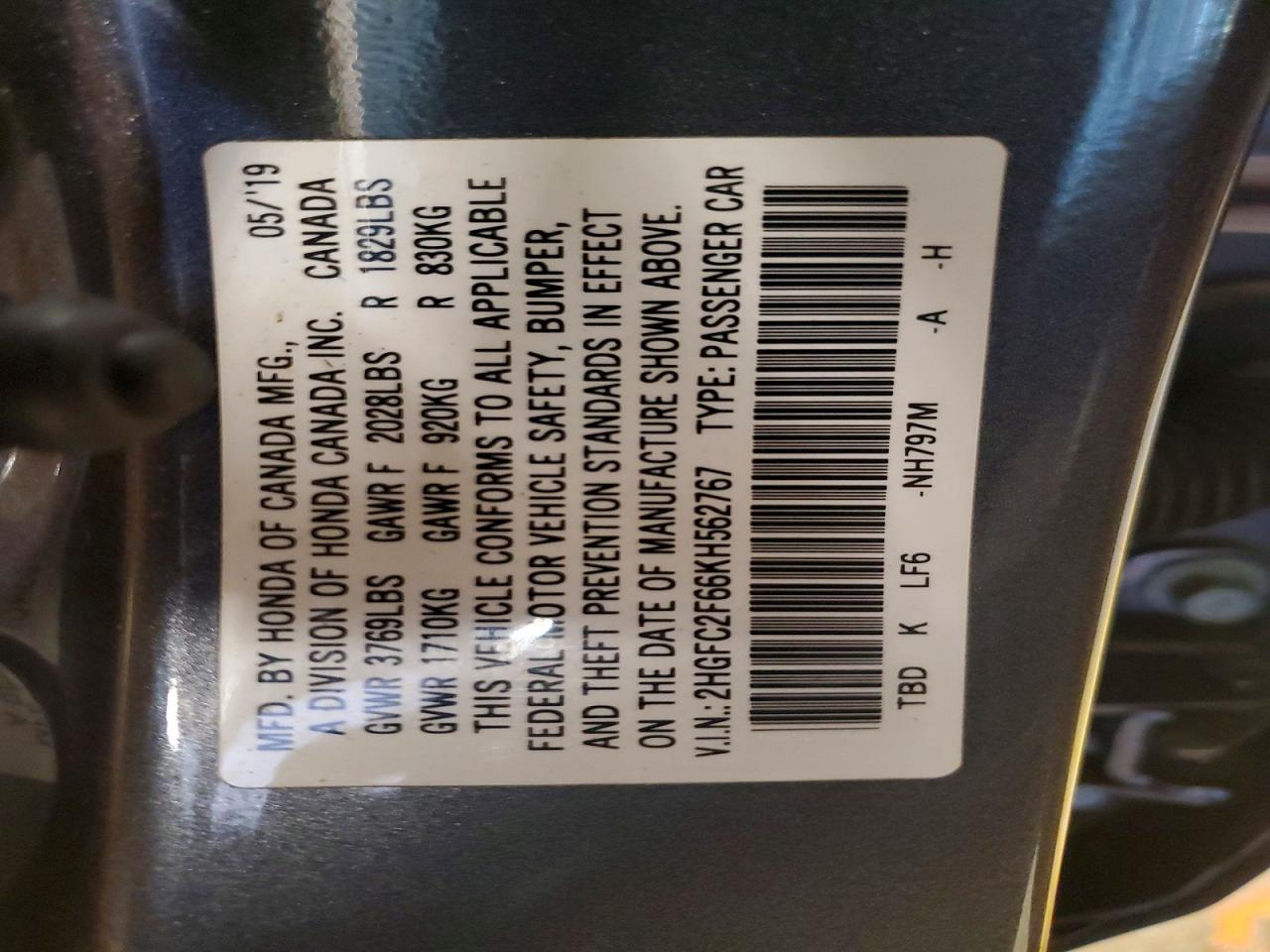 2HGFC2F66KH562767 · 2019 HONDA CIVIC · 12/12