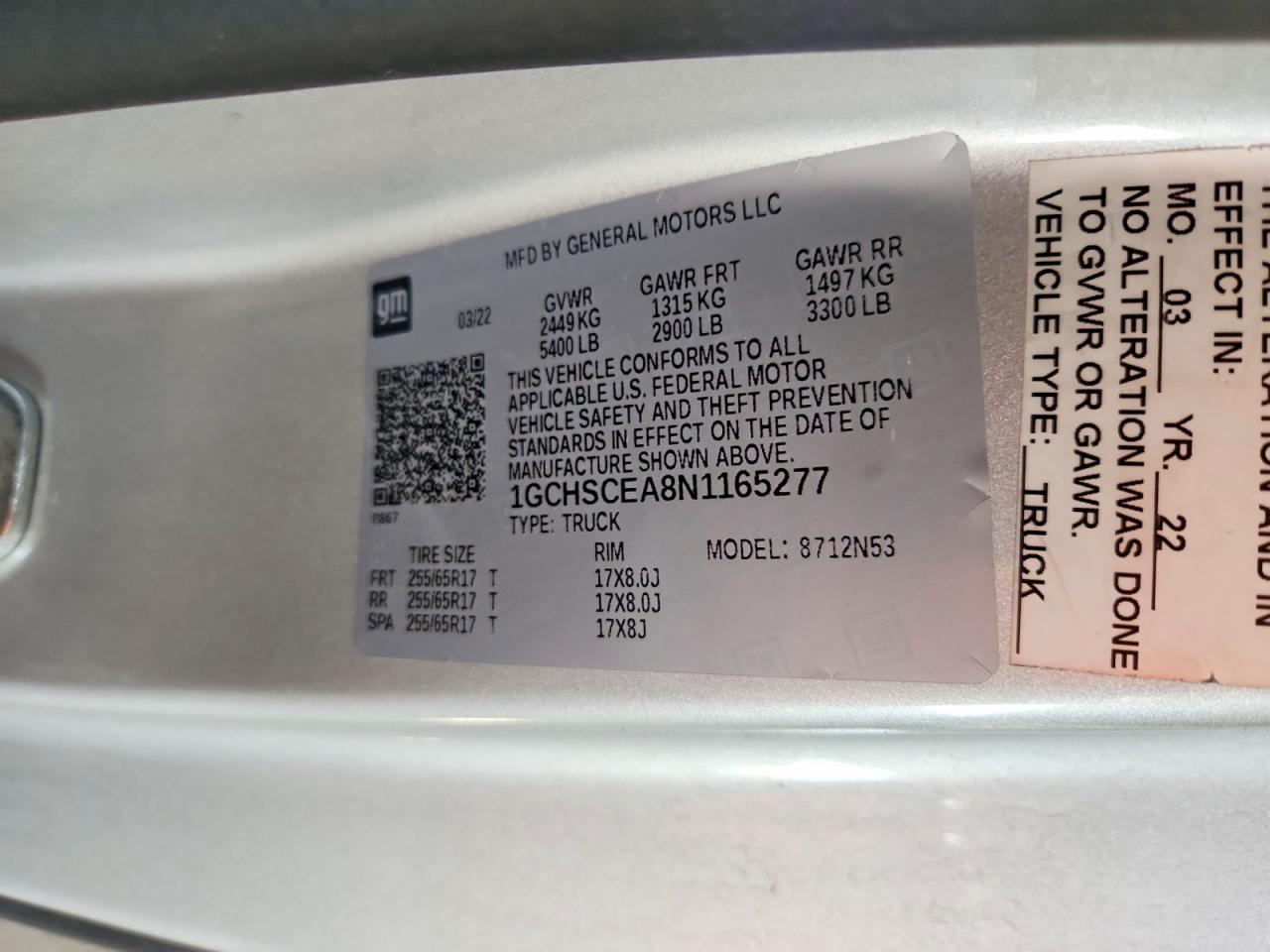 1GCHSCEA8N1165277 · 2022 CHEVROLET COLORADO · 12/12