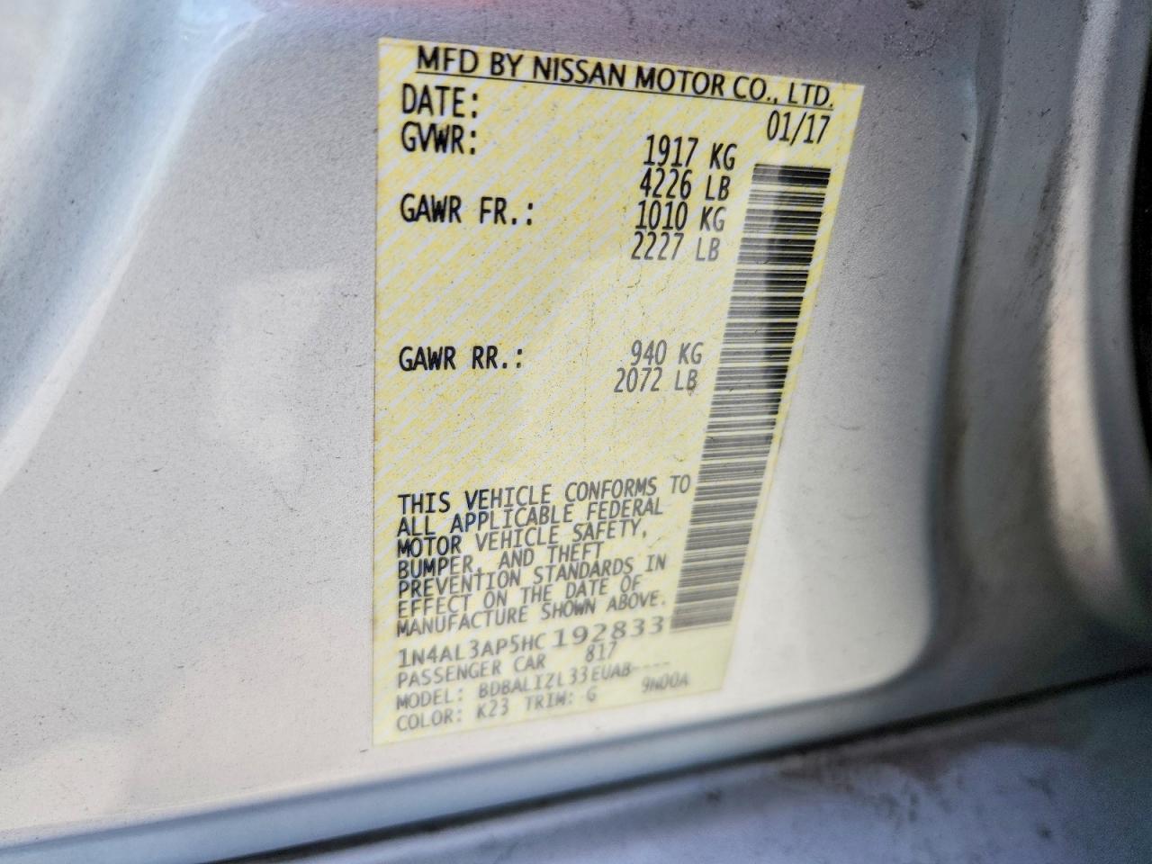 1N4AL3AP5HC192833 · 2017 NISSAN ALTIMA · 12/12